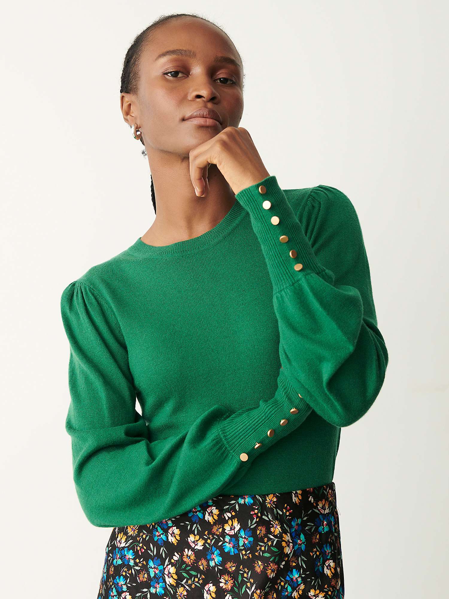 Finery Avery Button Cuff Jumper, Green at John Lewis & Partners