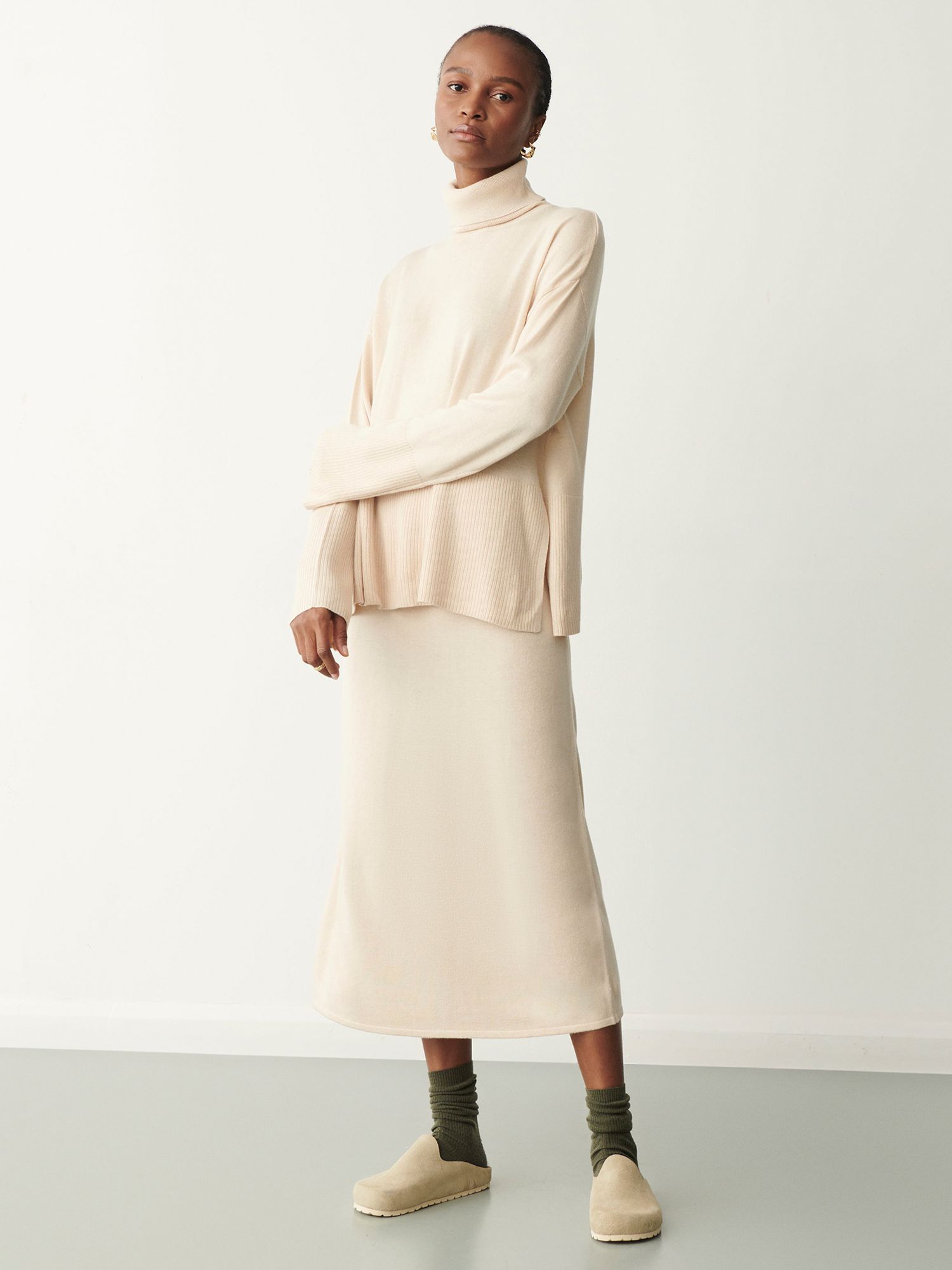 Finery Thea Knitted Midi Skirt, Pale Oatmeal at John Lewis & Partners