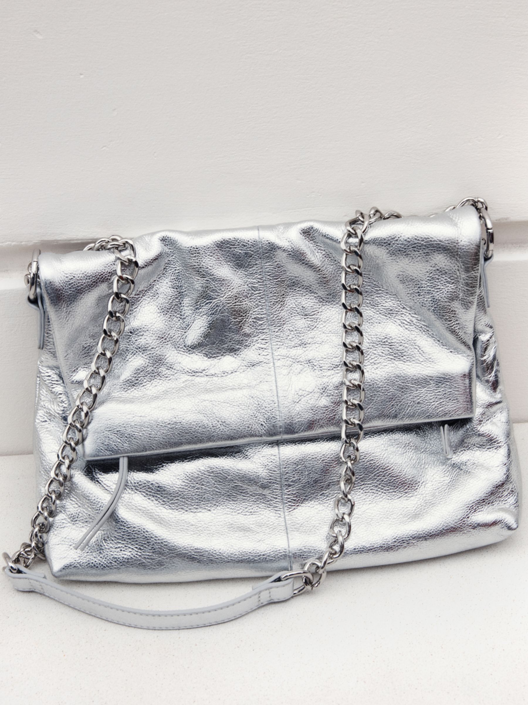 HUSH Perrie Chain Leather Crossbody Bag, Silver at John Lewis & Partners