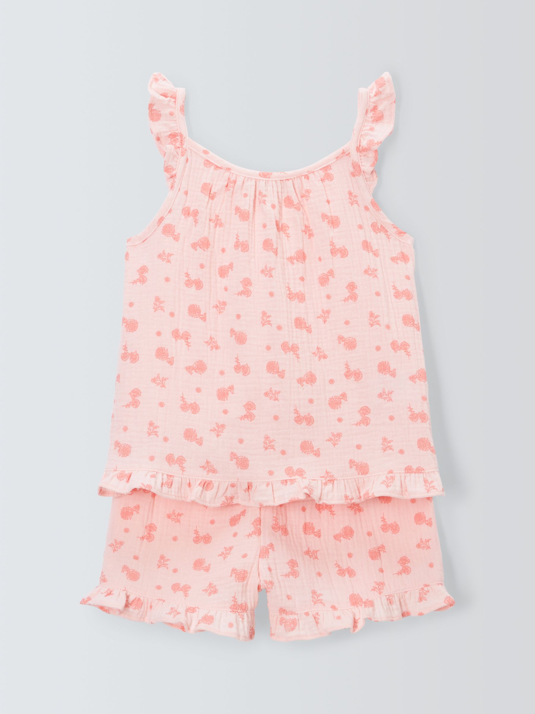 John Lewis Kids' Floral Cotton Muslin Shortie Pyjama Set, Pink, 10 years