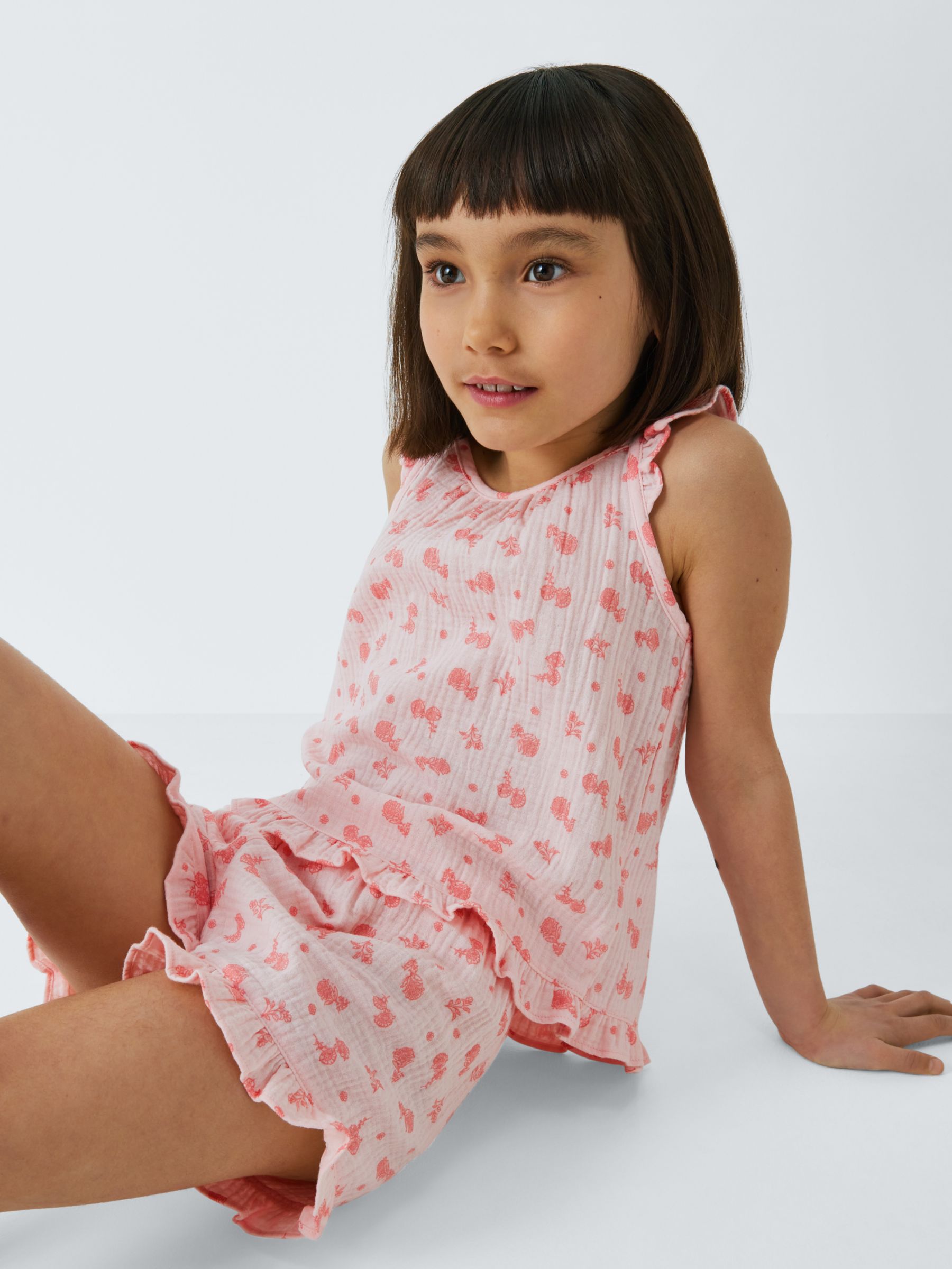 John Lewis Kids' Floral Cotton Muslin Shortie Pyjama Set, Pink, 10 years