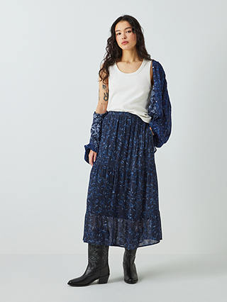 AND/OR Shibori Francesca Tiered Floral Midi Skirt, Blue