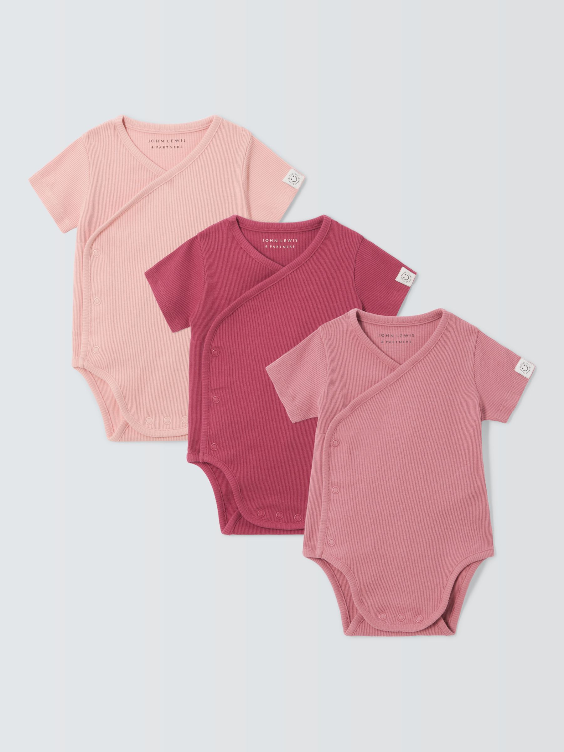 John Lewis Baby Wrap Over Ribbed Bodysuit, Pack of 3, Pinks, 2-3 years