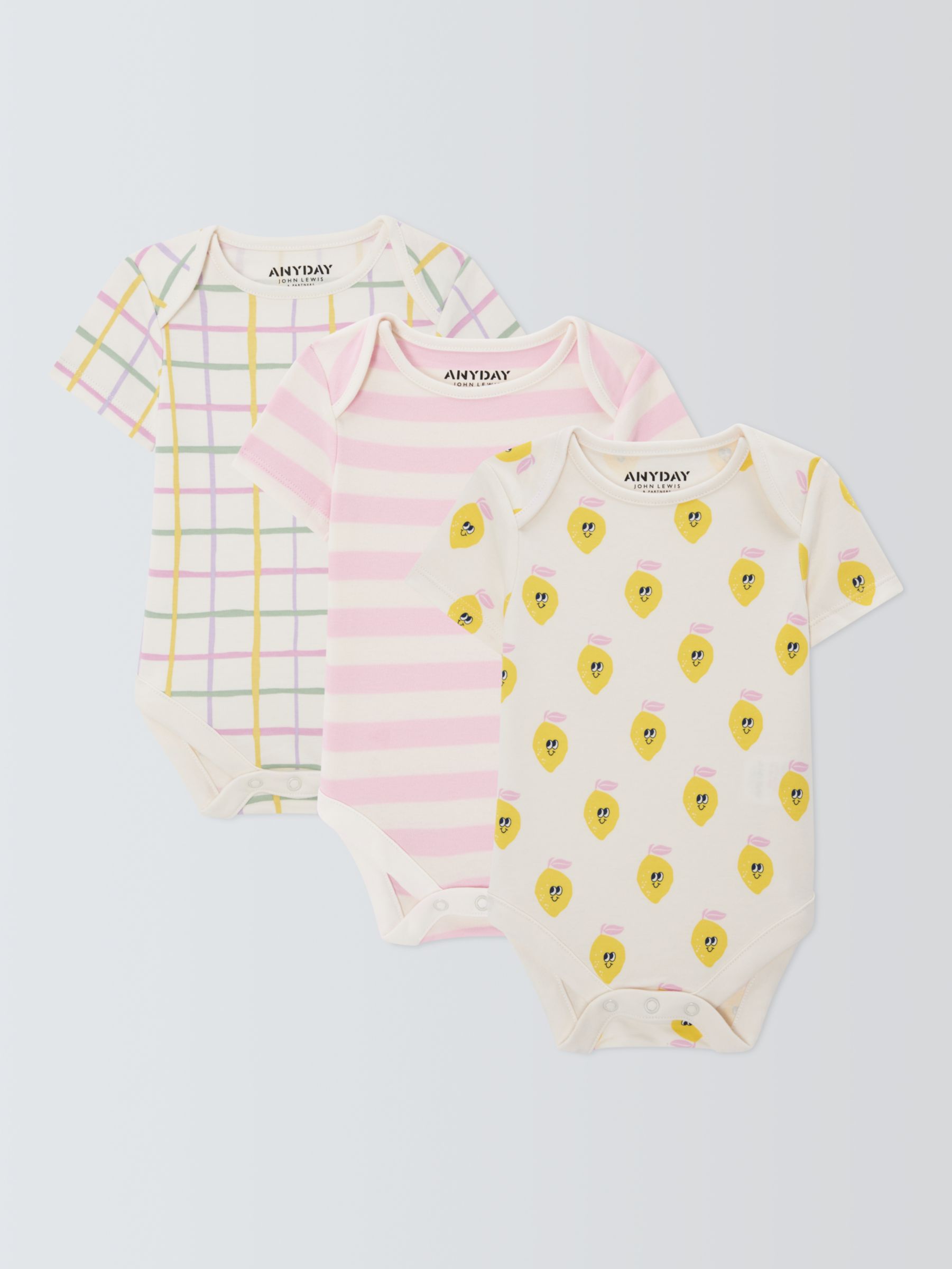 John Lewis ANYDAY Baby Lemon Stripe Bodysuit, Pack of 3, Multi, 6-9 months
