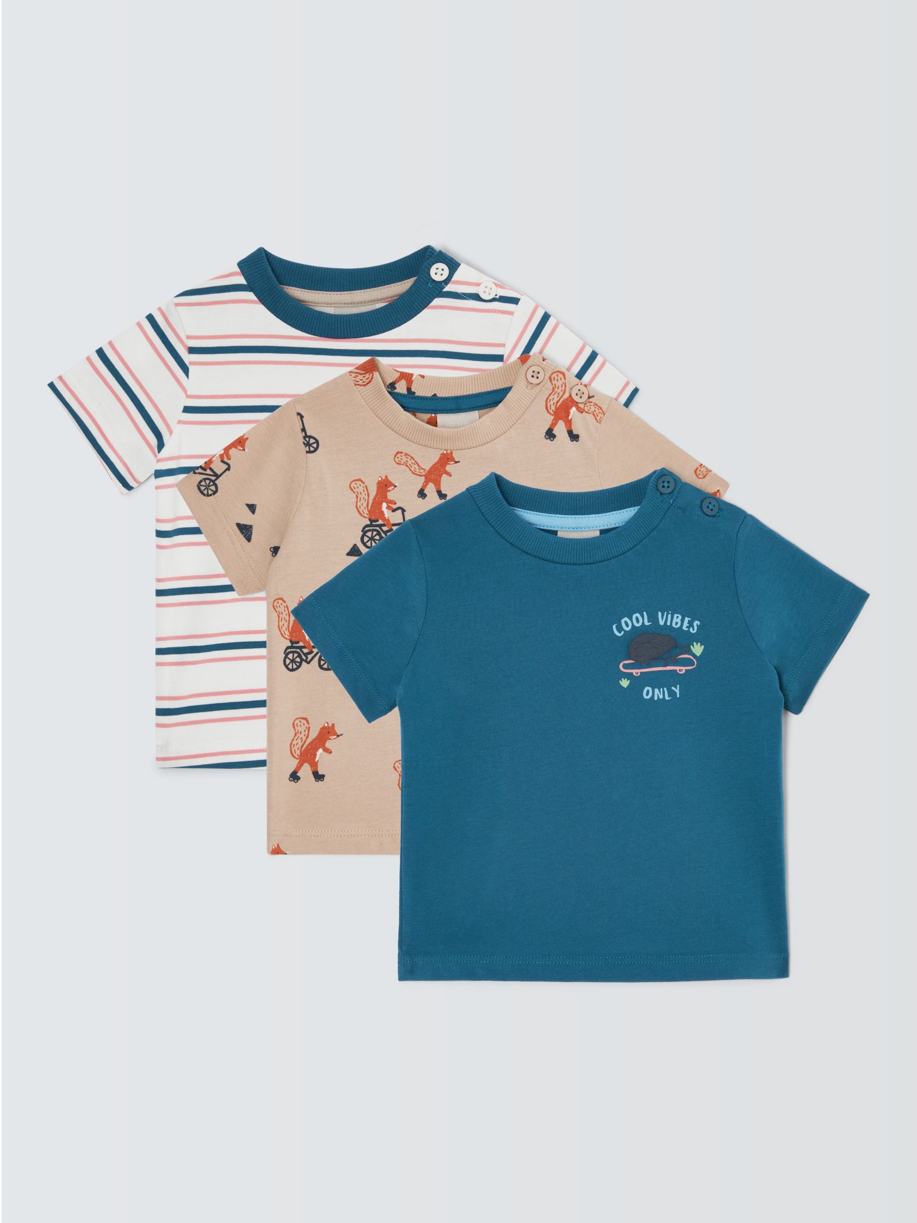 John Lewis Baby Squirrel Stripe T-Shirt, Pack of 3, Multi, 6-9 months