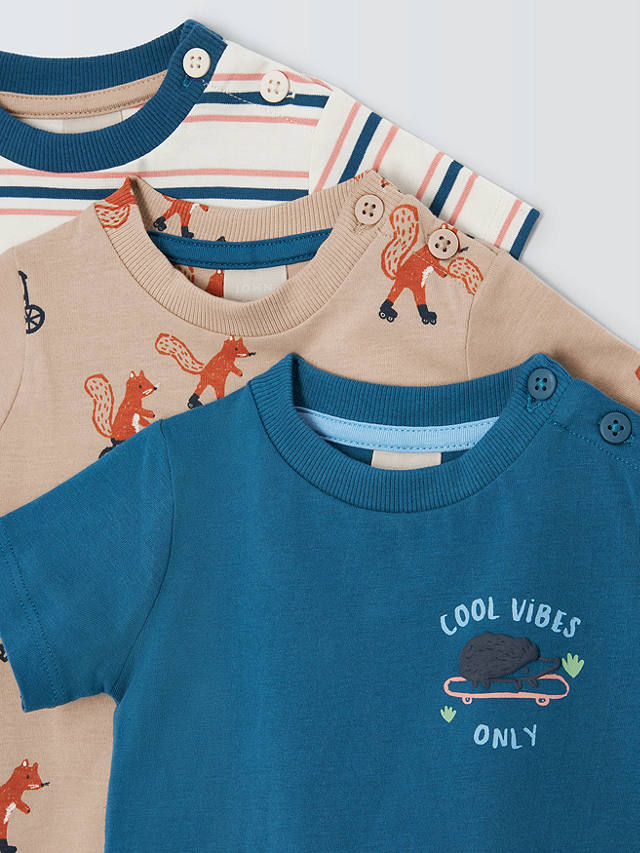John Lewis Baby Squirrel Stripe T-Shirt, Pack of 3, Multi