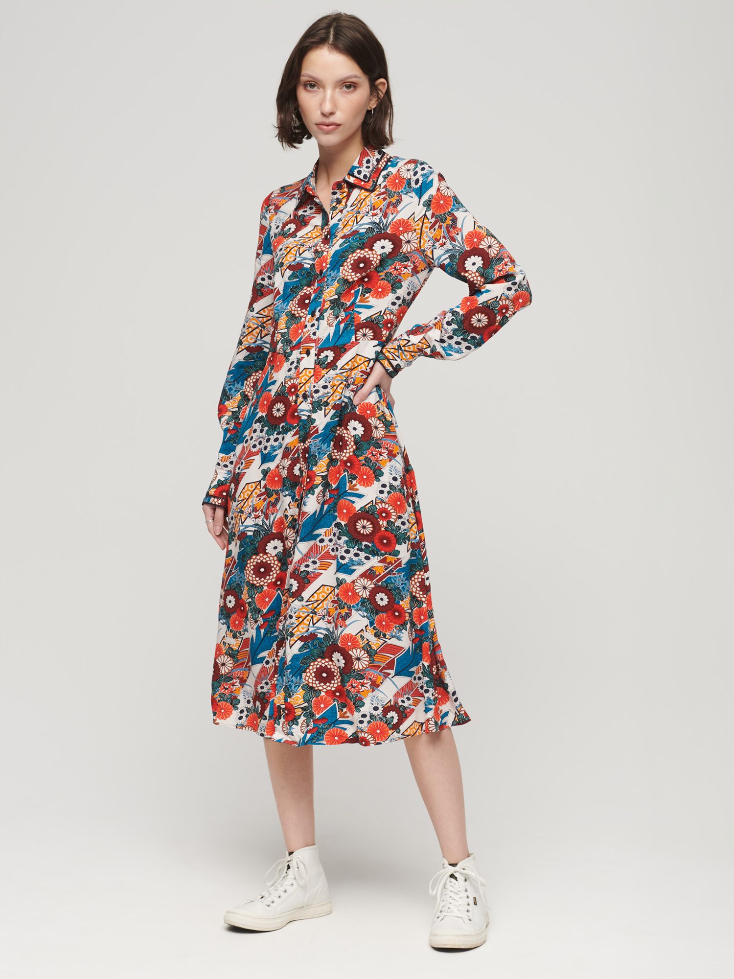 Superdry Printed Midi Shirt Dress, Diagonal Floral Red at John Lewis ...