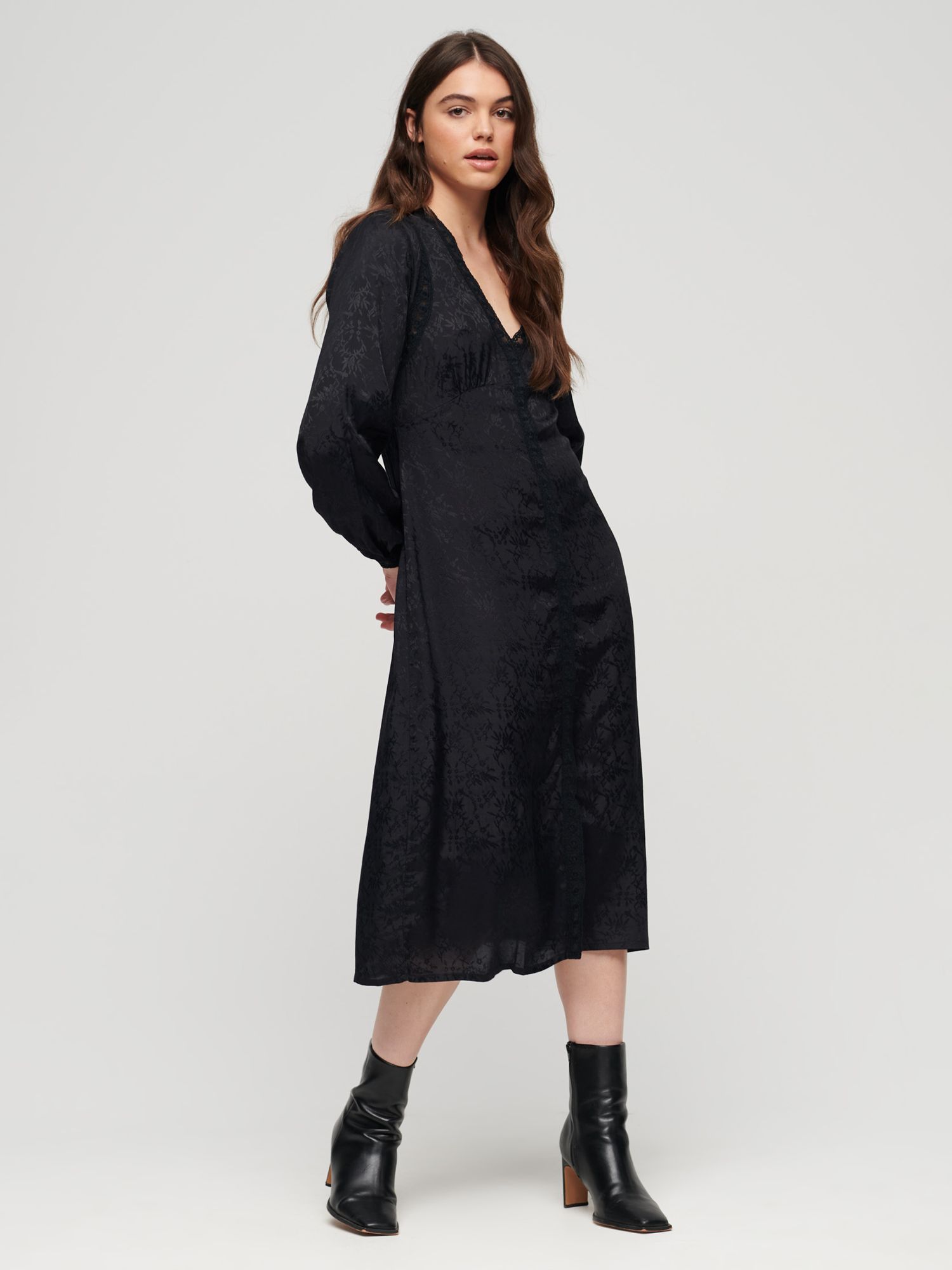 Superdry Lace Trim Midi Dress, Urban Black at John Lewis & Partners