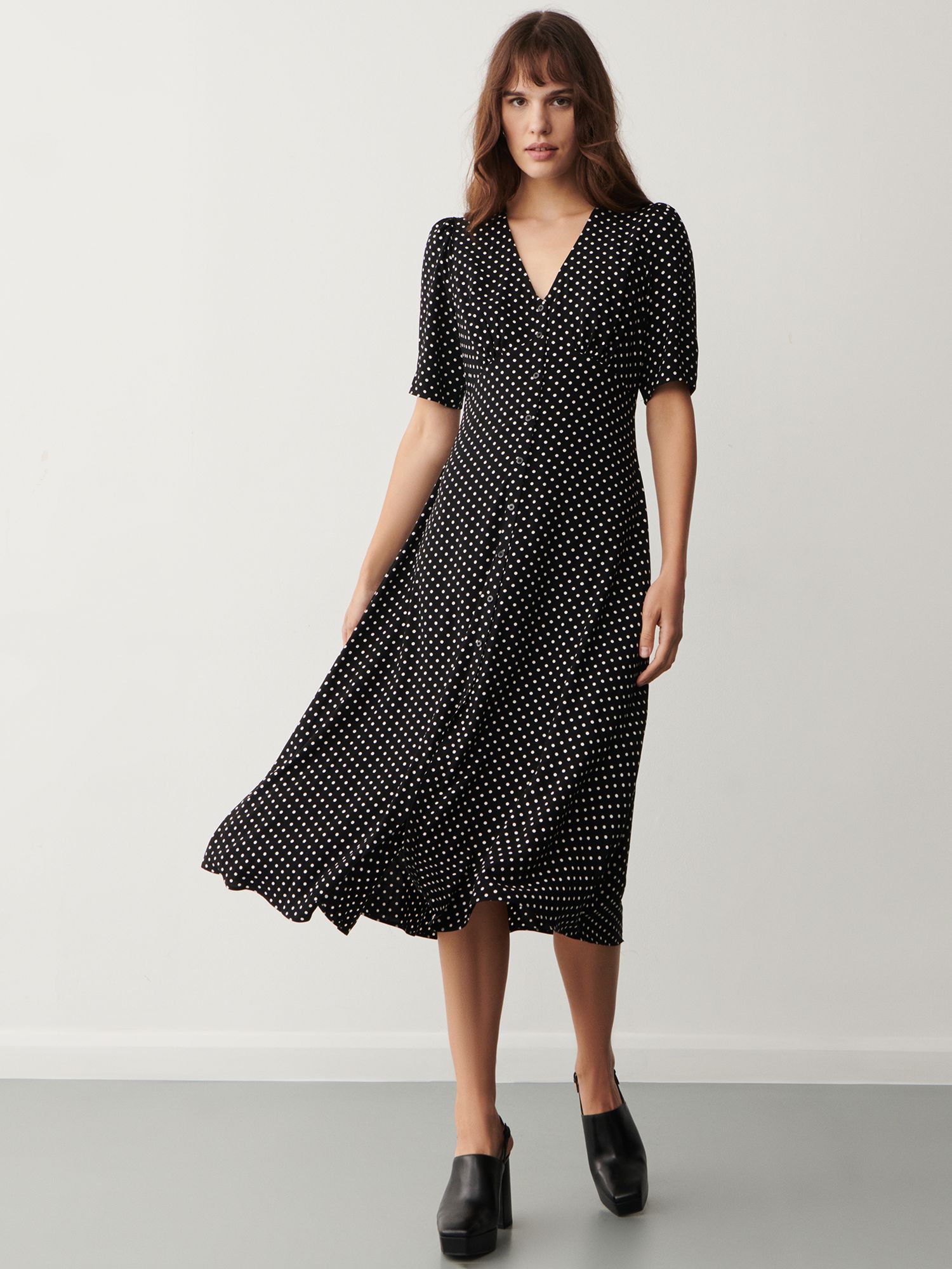 Finery Camilla Polka Dot Midi Dress, Black/White at John Lewis & Partners