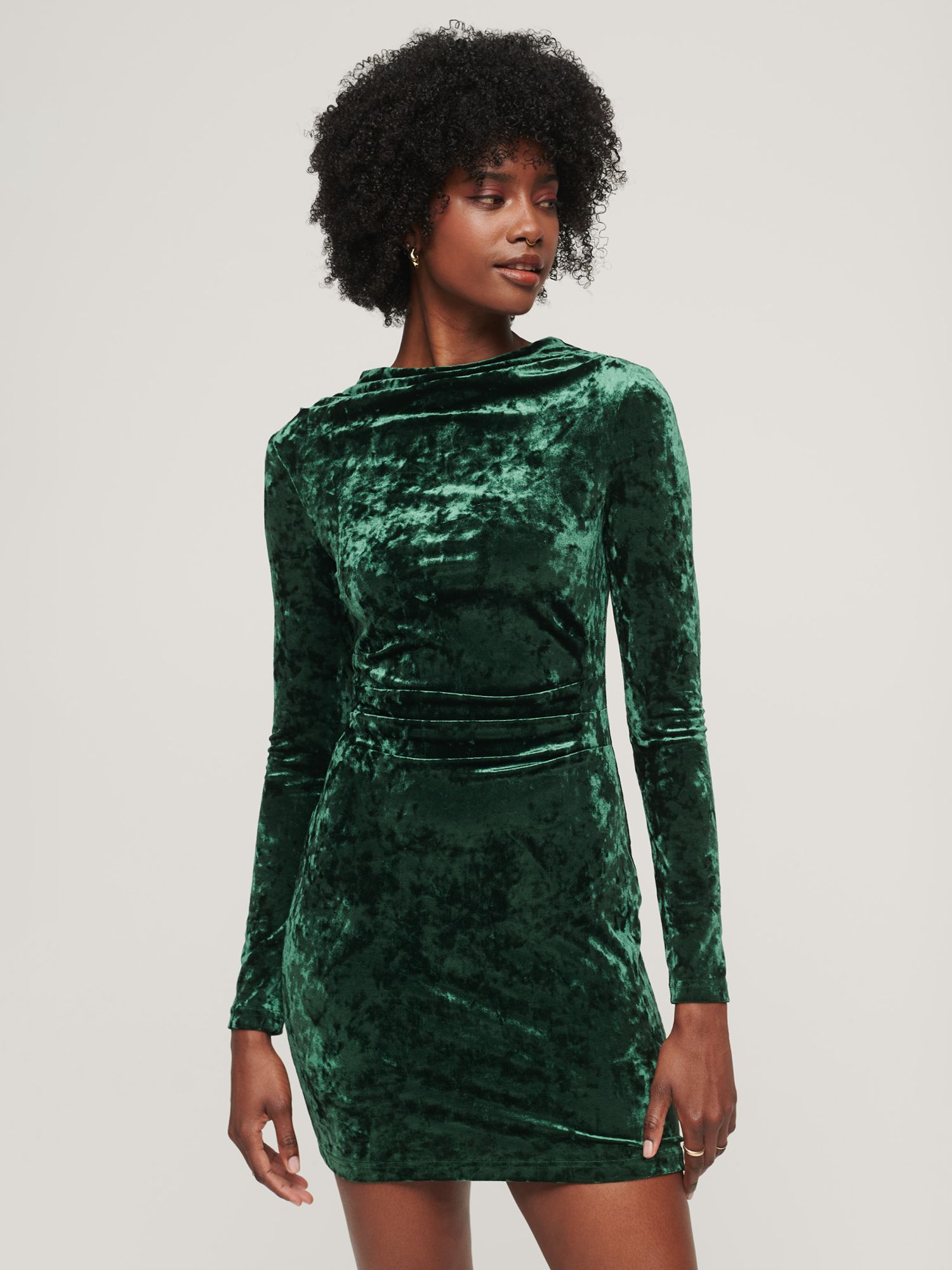 Superdry Velvet Long Sleeve Mini Dress, Deepest Green at John Lewis ...