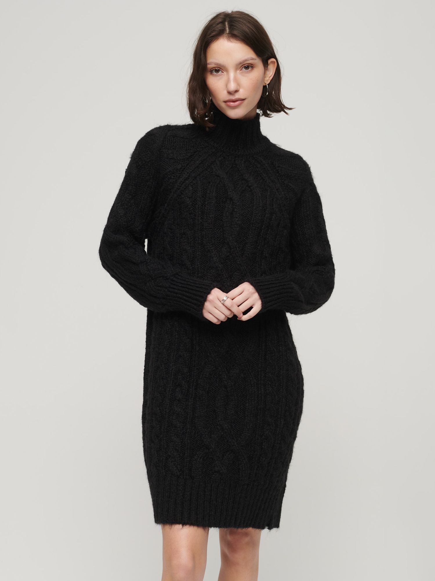 Superdry Cable Knit Mock Neck Jumper Dress, Black, Black at John Lewis ...