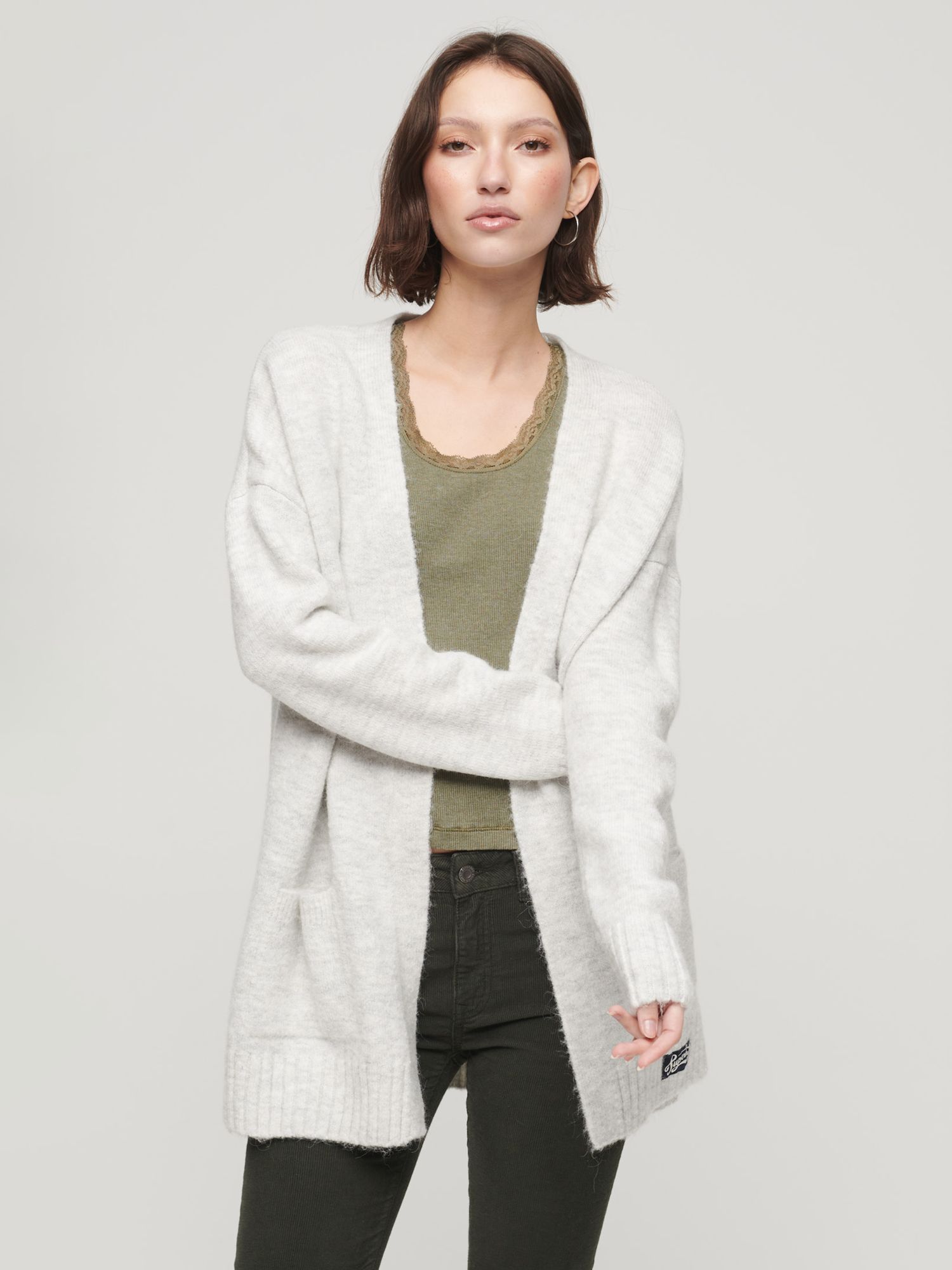 Superdry Essential Long Supersoft Cardigan, Frost Grey Marl at John ...