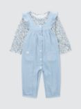 John Lewis Baby Muslin Dungaree & Floral Print Top Set, Blue/Multi