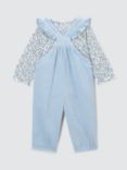 John Lewis Baby Muslin Dungaree & Floral Print Top Set, Blue/Multi