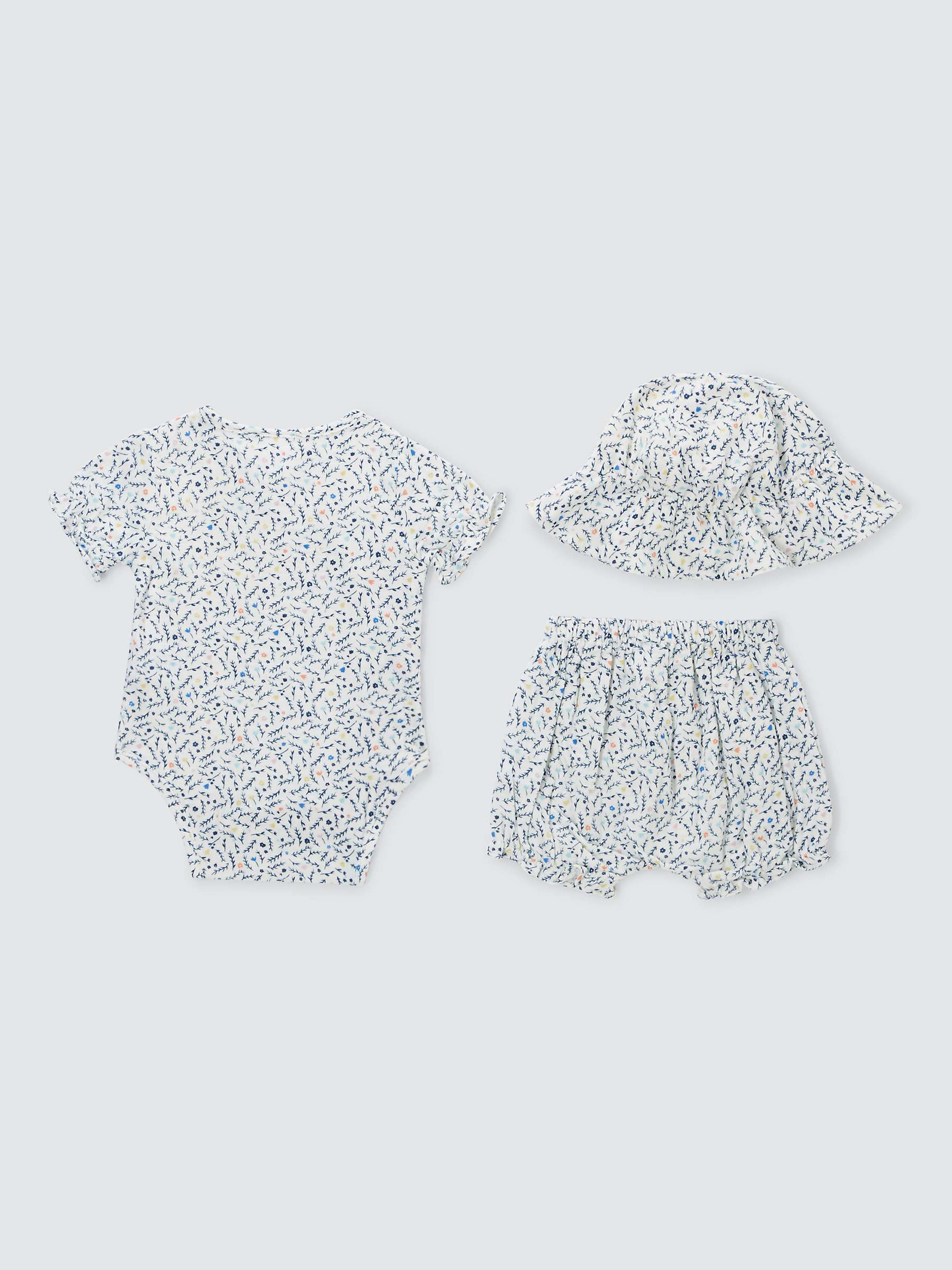 Buy John Lewis Baby Floral Print Muslin Bodysuit, Shorts and Hat Set, Blue/Multi Online at johnlewis.com