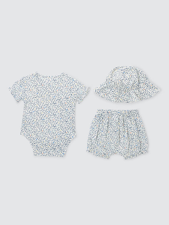 John Lewis Baby Floral Print Muslin Bodysuit, Shorts and Hat Set, Blue/Multi