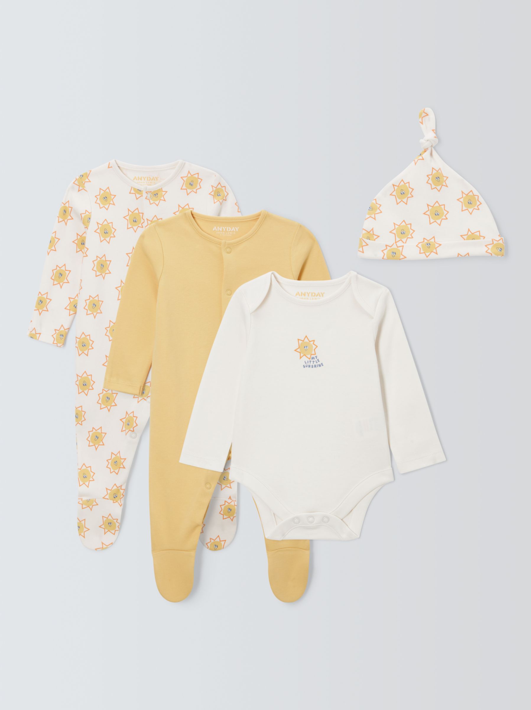 John Lewis ANYDAY Baby Sunflower Sleepsuit, Bodysuit and Hat Set, Yellow, 3-6 months