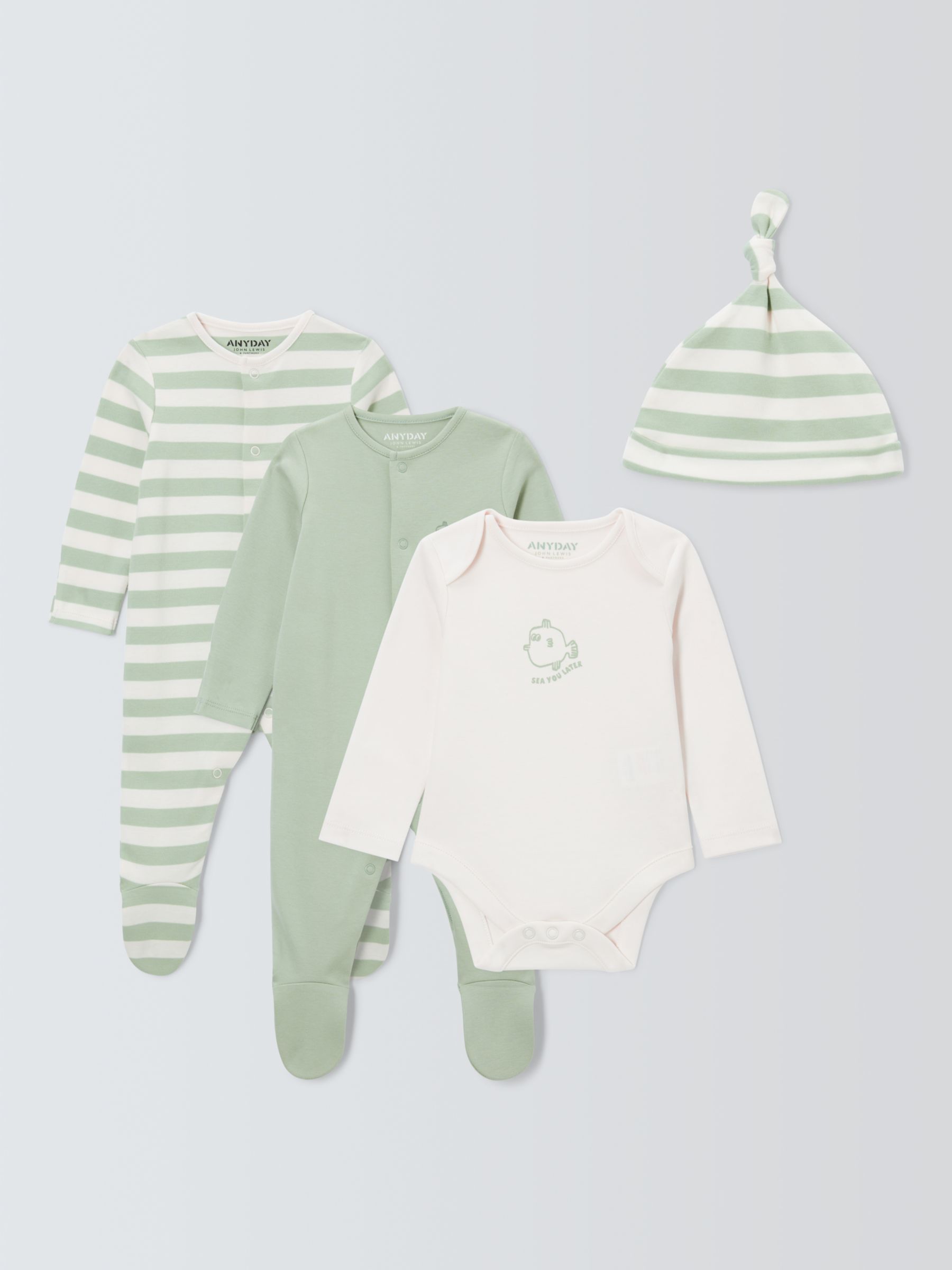 John Lewis ANYDAY Baby Sleepsuit, Bodysuit and Hat Set, Green, 0-3 months