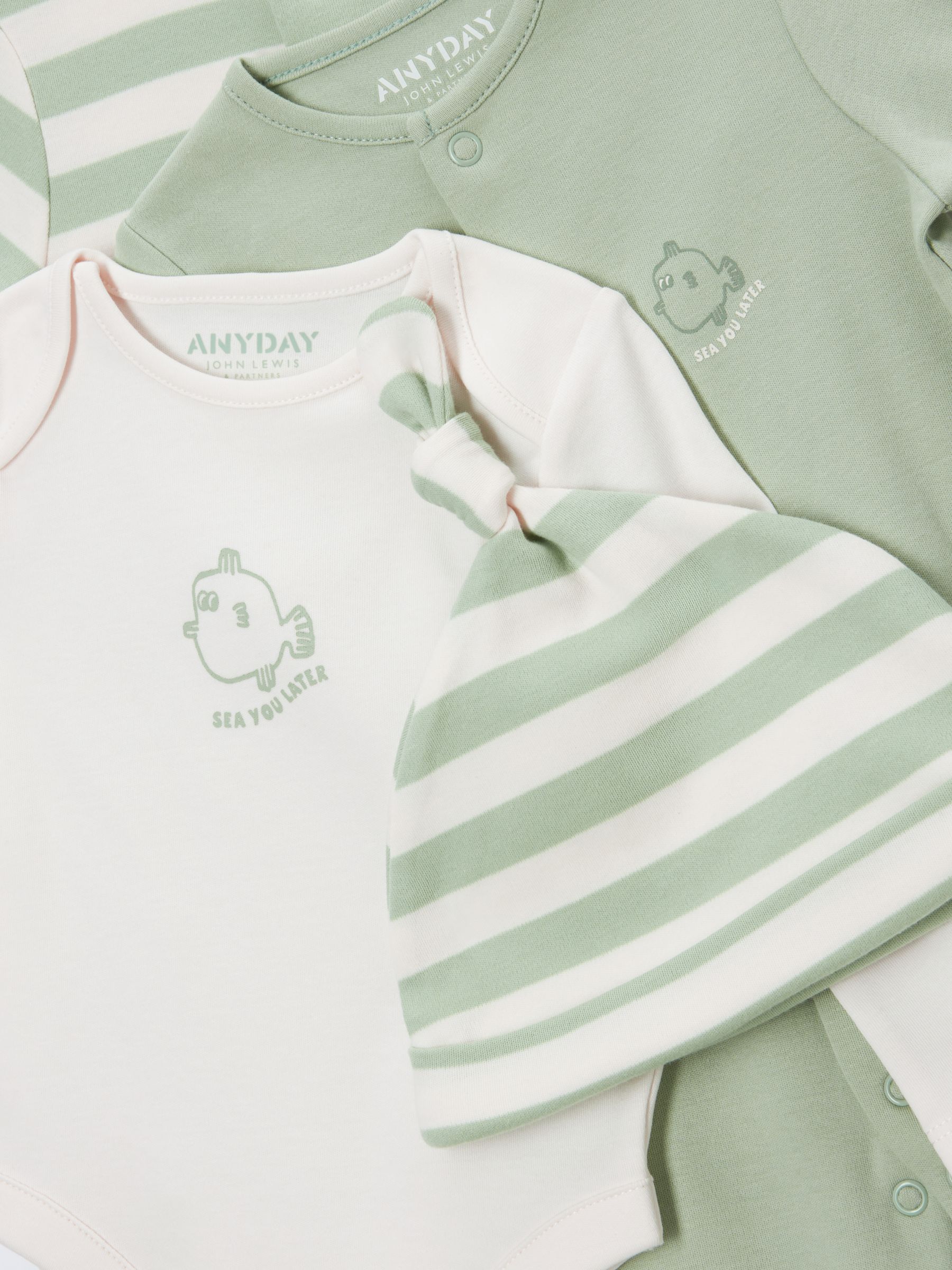 John Lewis ANYDAY Baby Sleepsuit, Bodysuit and Hat Set, Green, 0-3 months