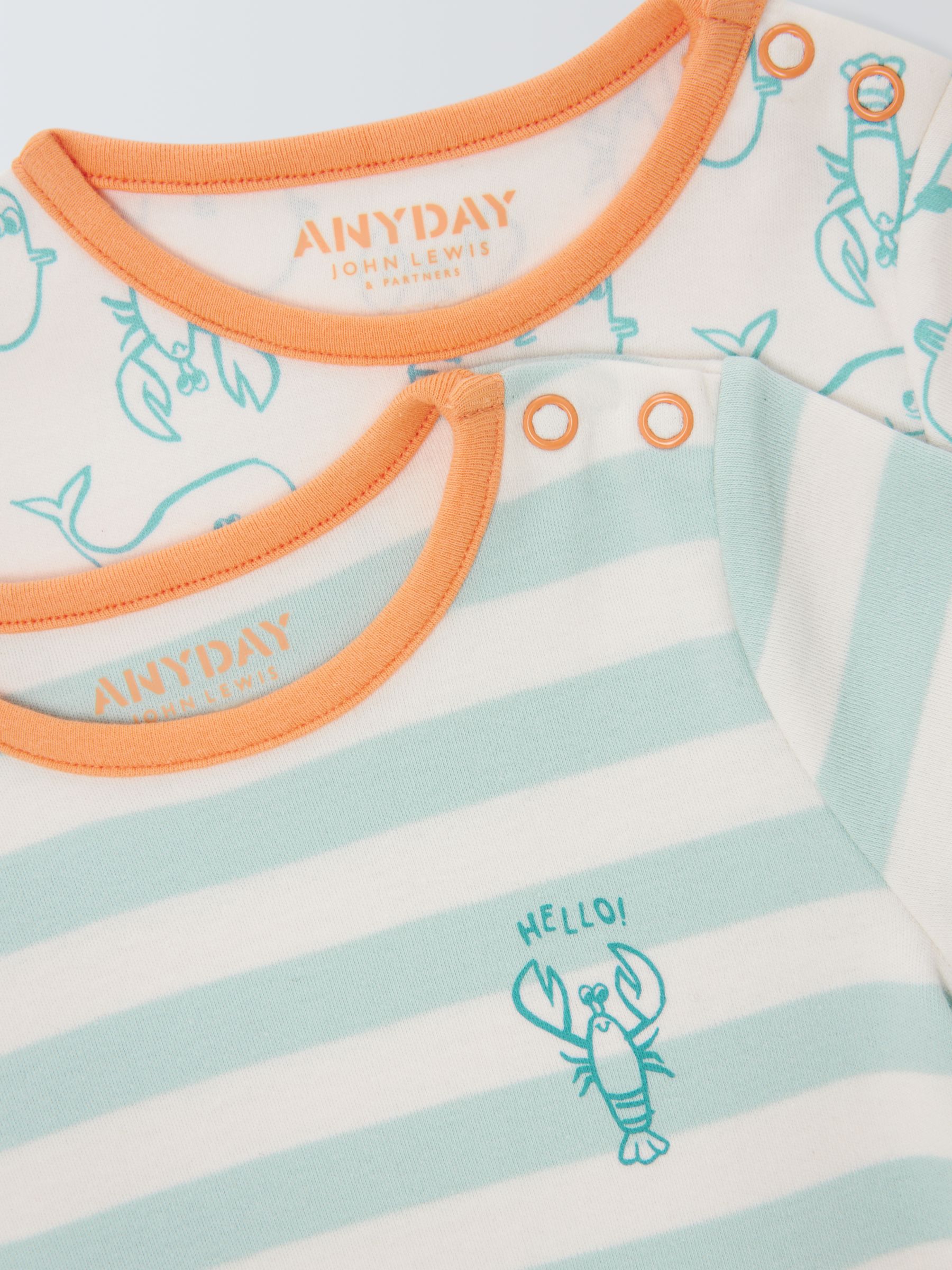 John Lewis ANYDAY Baby Stripe Lobster Romper, Pack of 2, Blue, 9-12 months