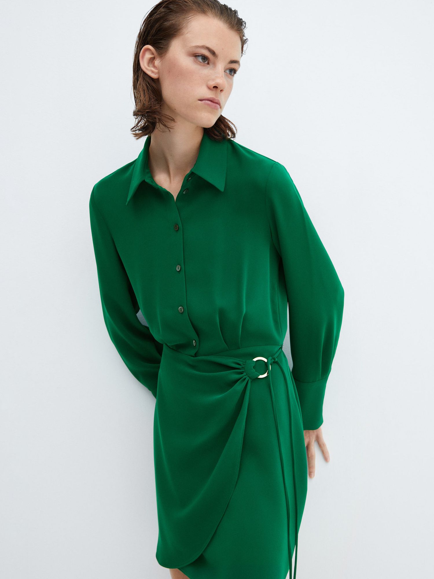 Mango Bela Ring Shirt Dress, Green at John Lewis & Partners