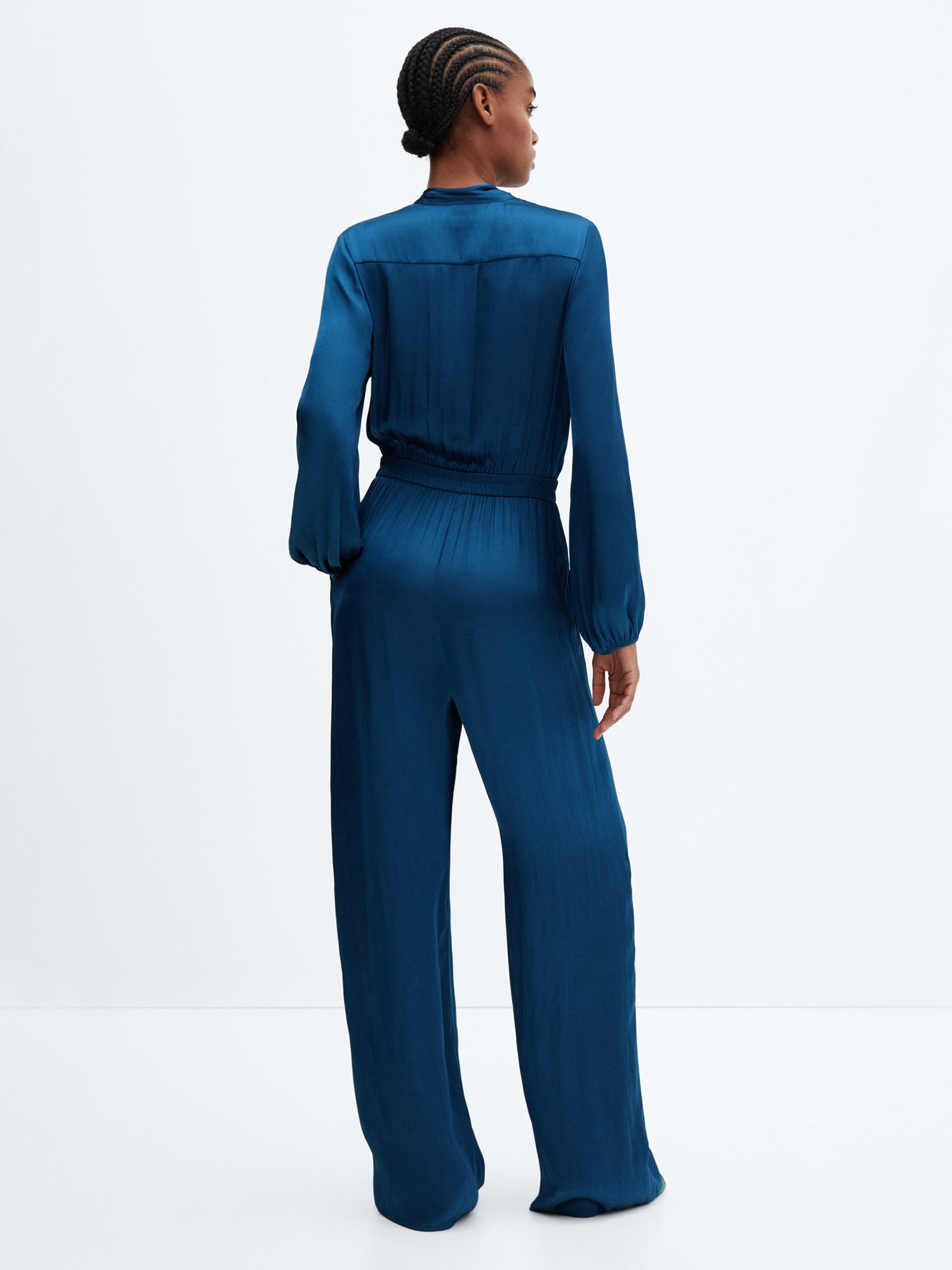 Mango Cirsa Long Satin Bow Jumpsuit, Dark Blue at John Lewis & Partners