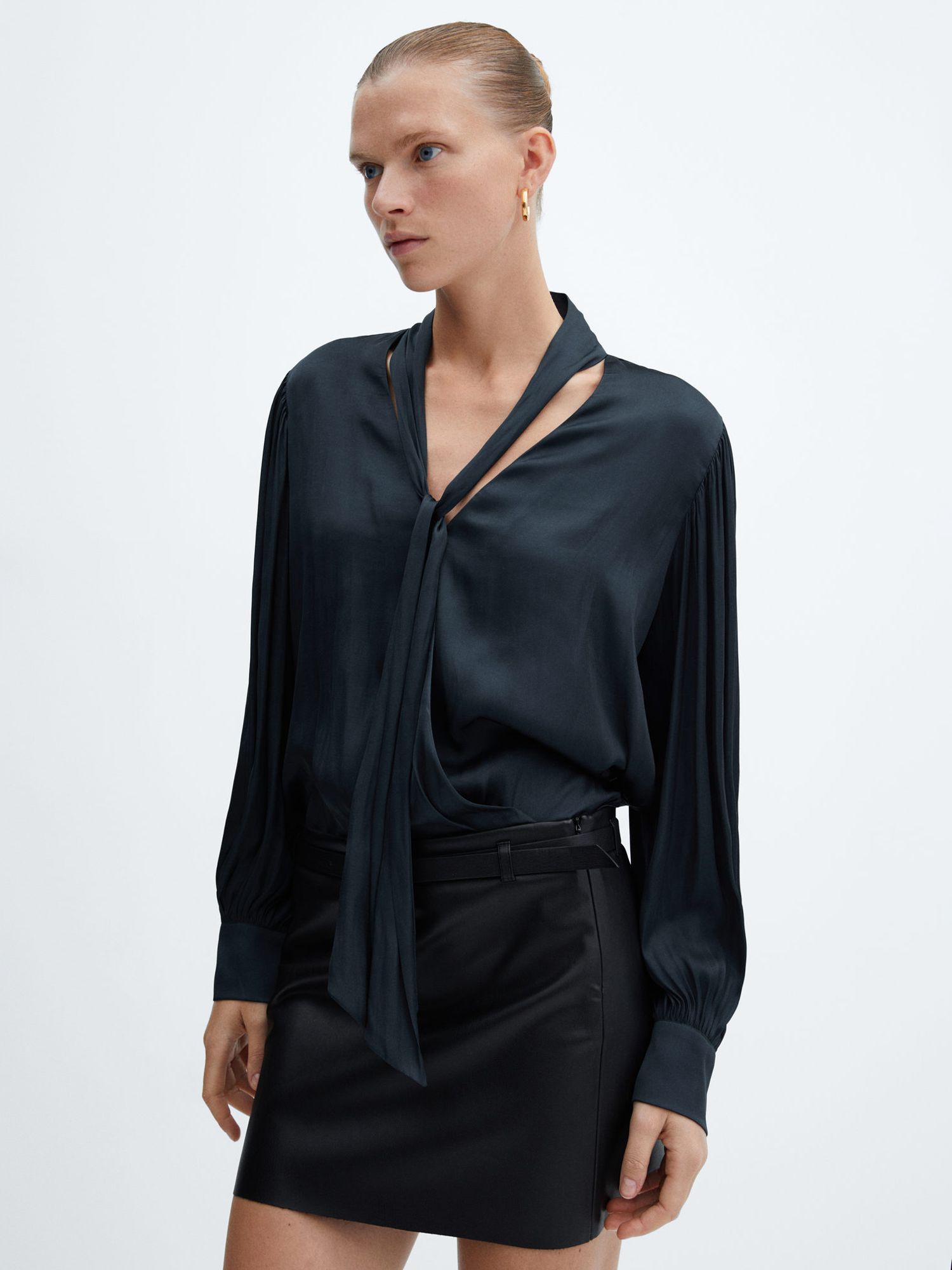 Mango Aire Bow Satin Blouse, Charcoal