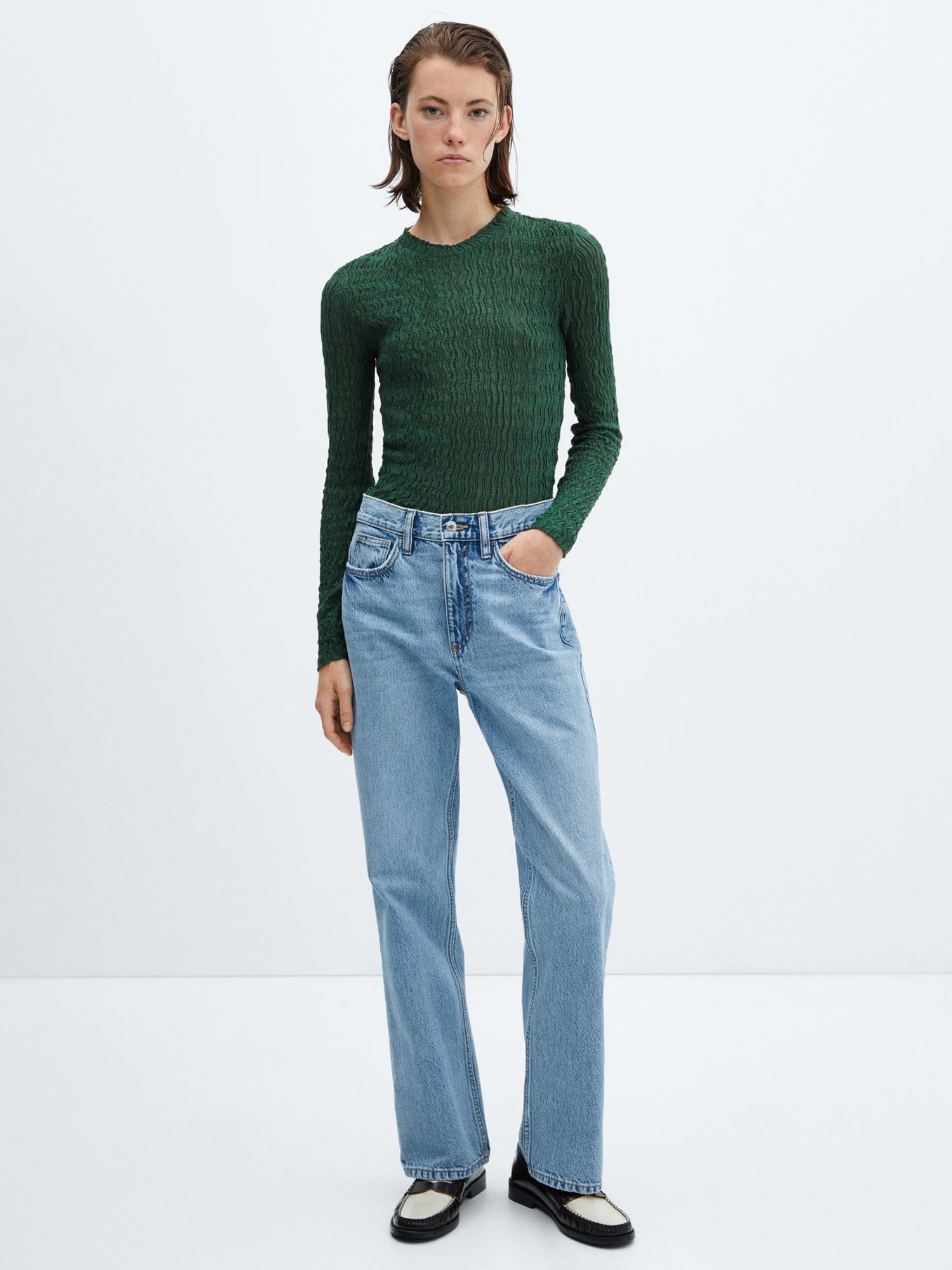 Mango Gathered Knit Long Sleeve T-Shirt, Green at John Lewis