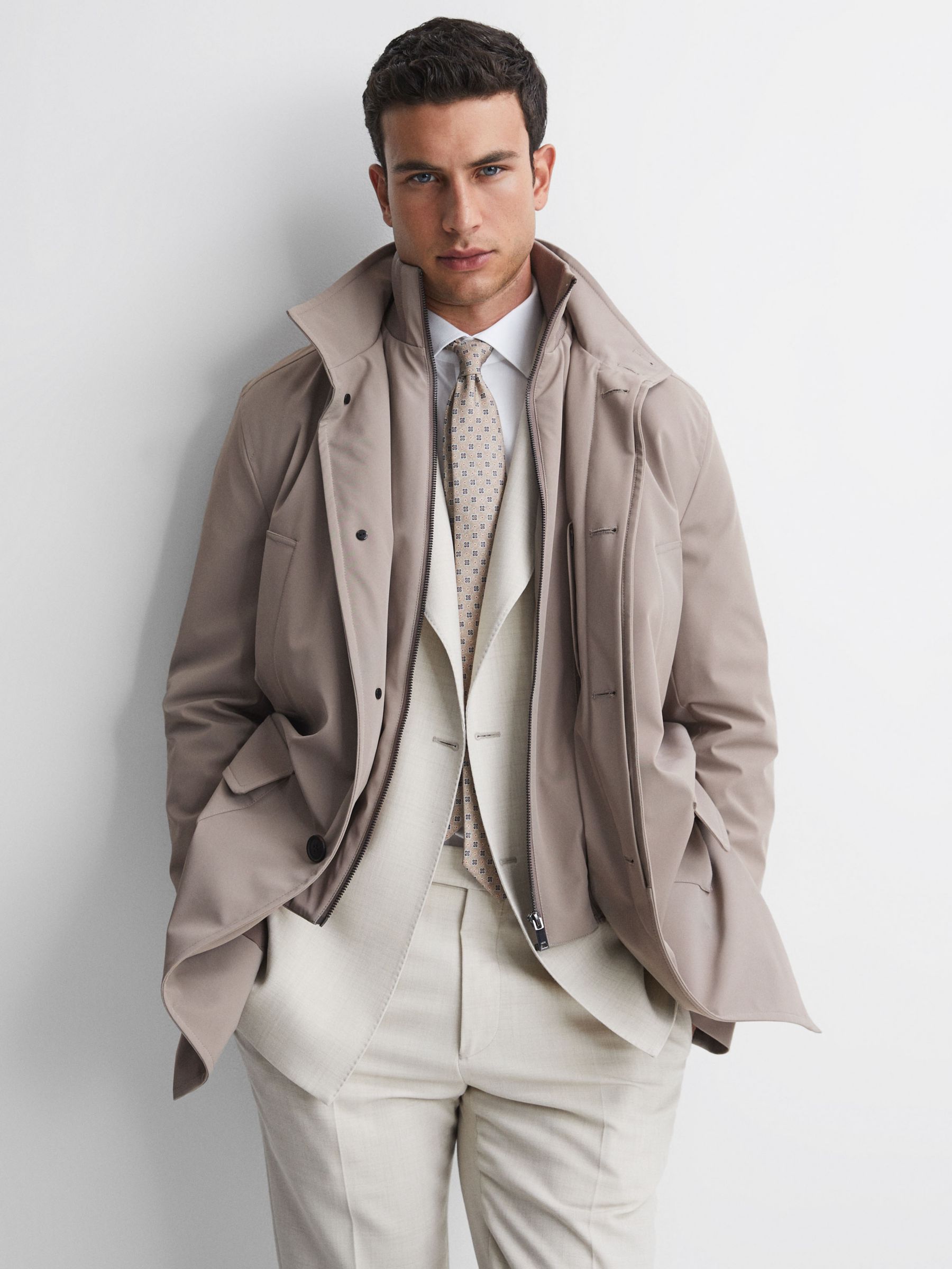 Reiss Long Sleeve Funnel Quilted Jacket, Taupe