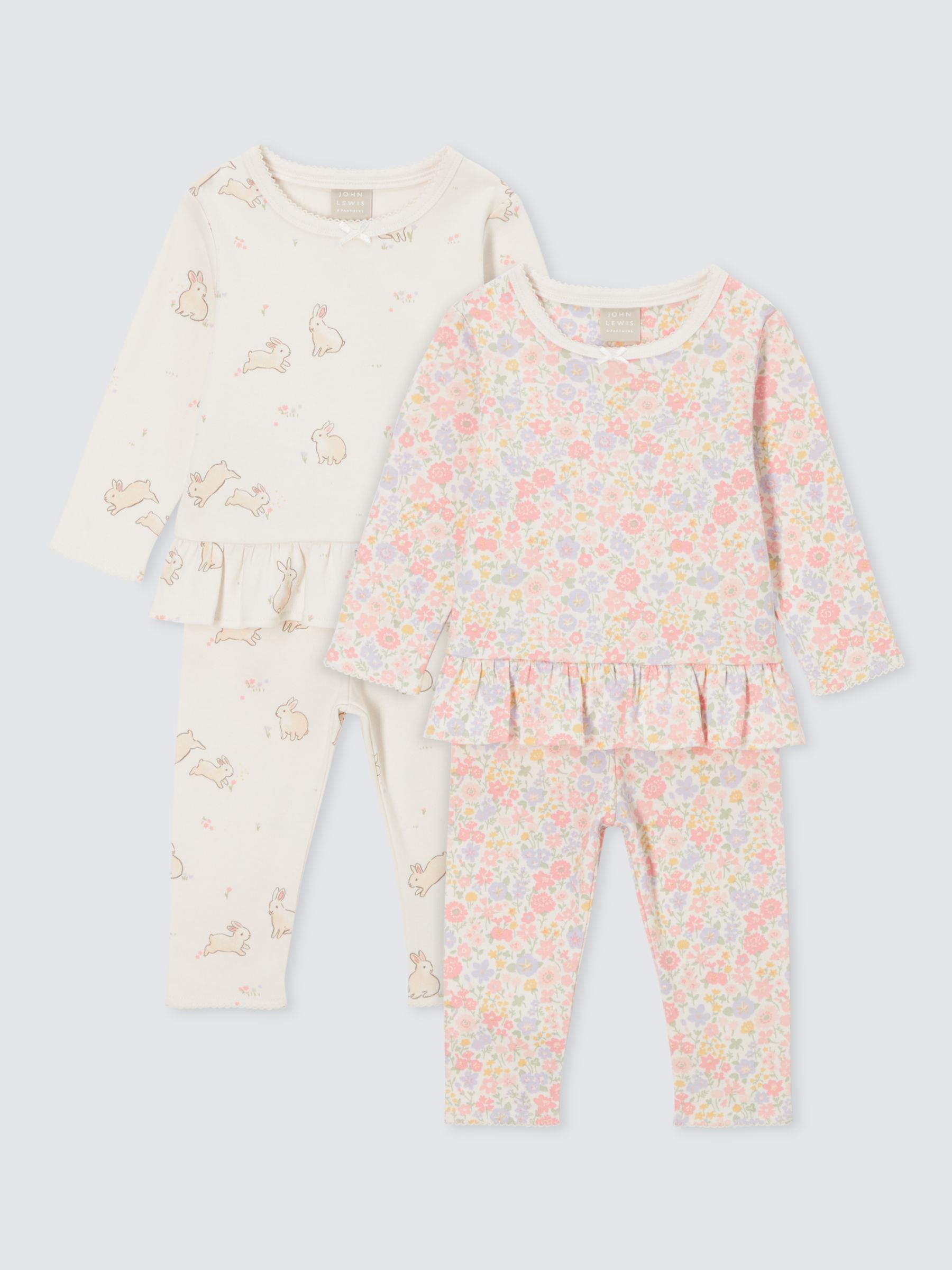 John Lewis Baby Bunny Floral Frill Pyjamas, Set of 2, Neutrals, 6-9 months