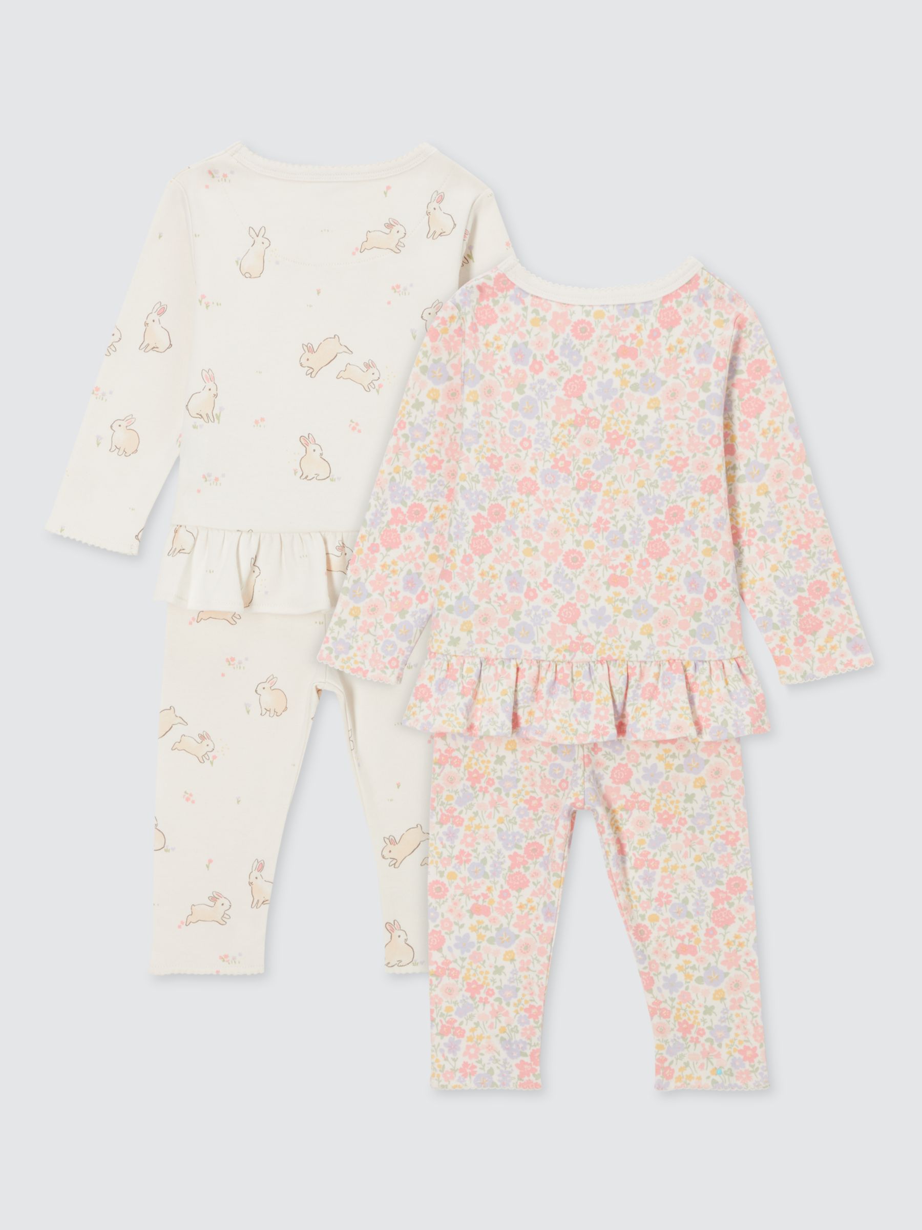 John Lewis Baby Bunny Floral Frill Pyjamas, Set of 2, Neutrals, 6-9 months