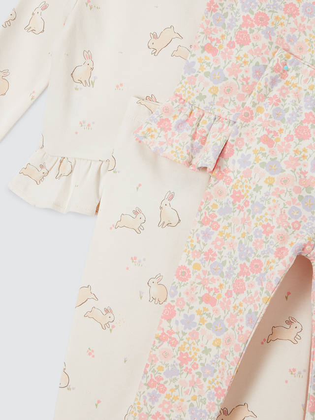 John Lewis Baby Bunny Floral Frill Pyjamas, Set of 2, Neutrals