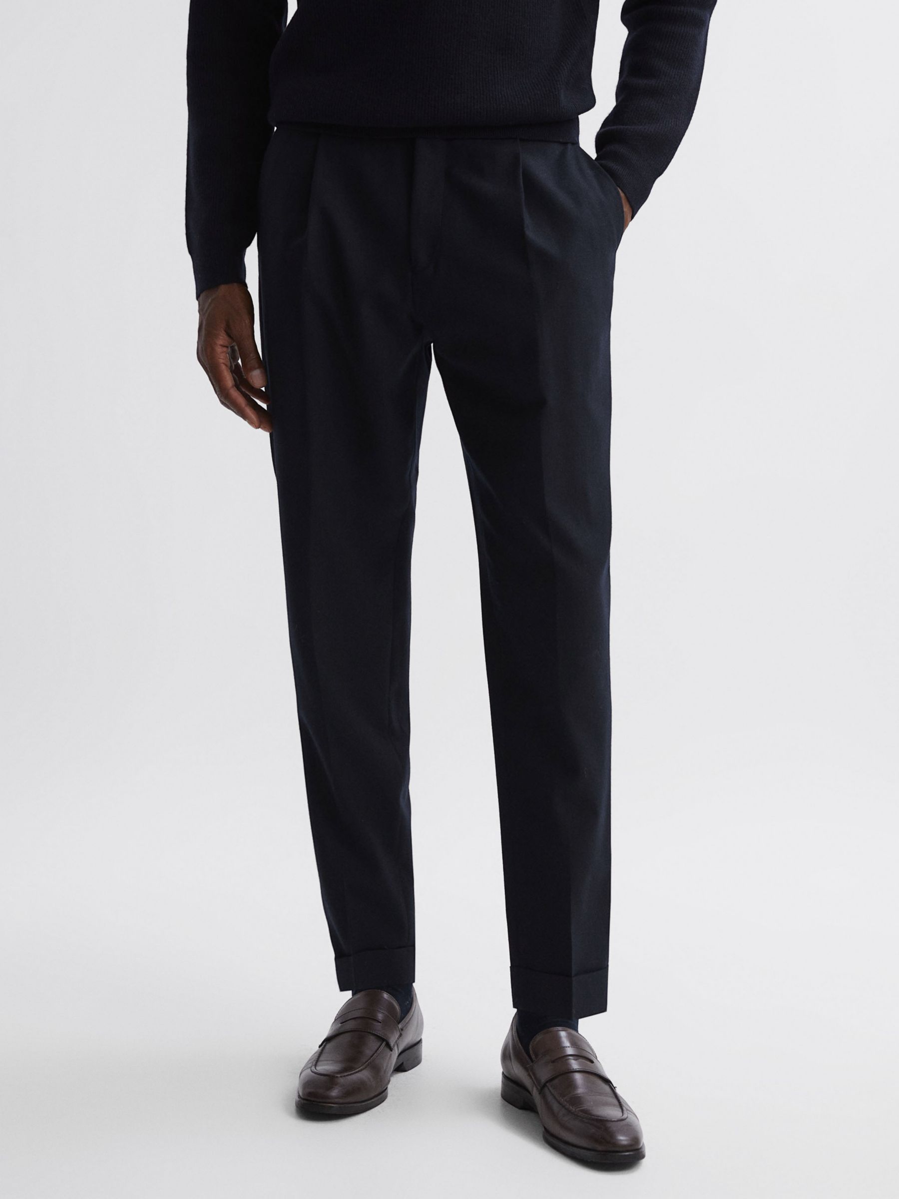 Reiss Beadnell Brushed Wool Trousers, Navy at John Lewis & Partners