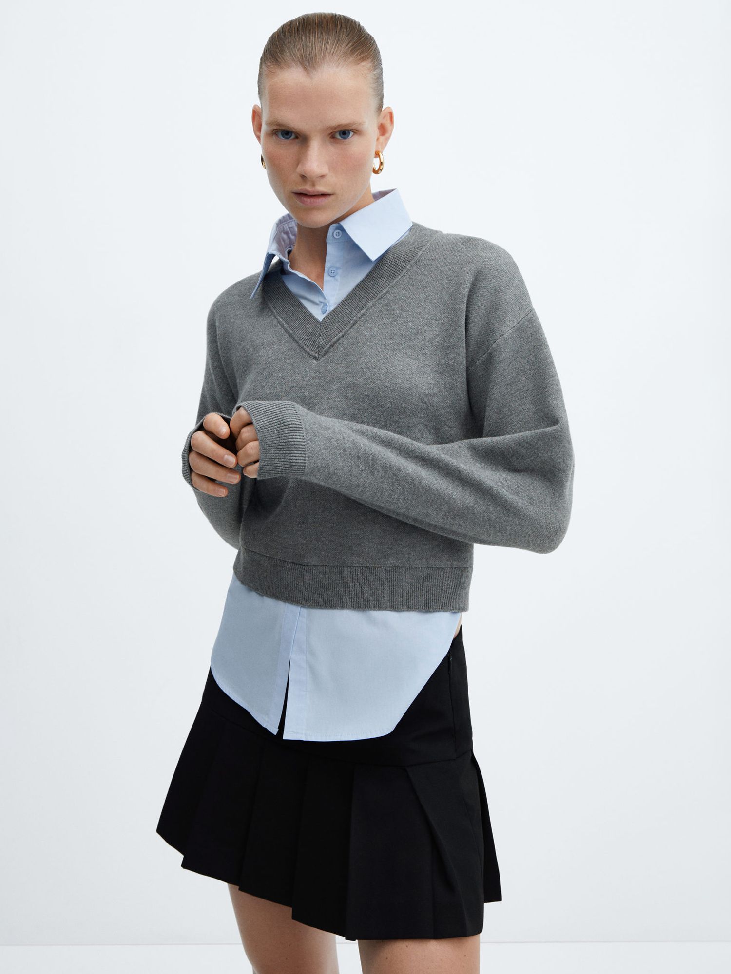 Mango Chiara Combined Shirt and Jumper, Medium Grey, XXS