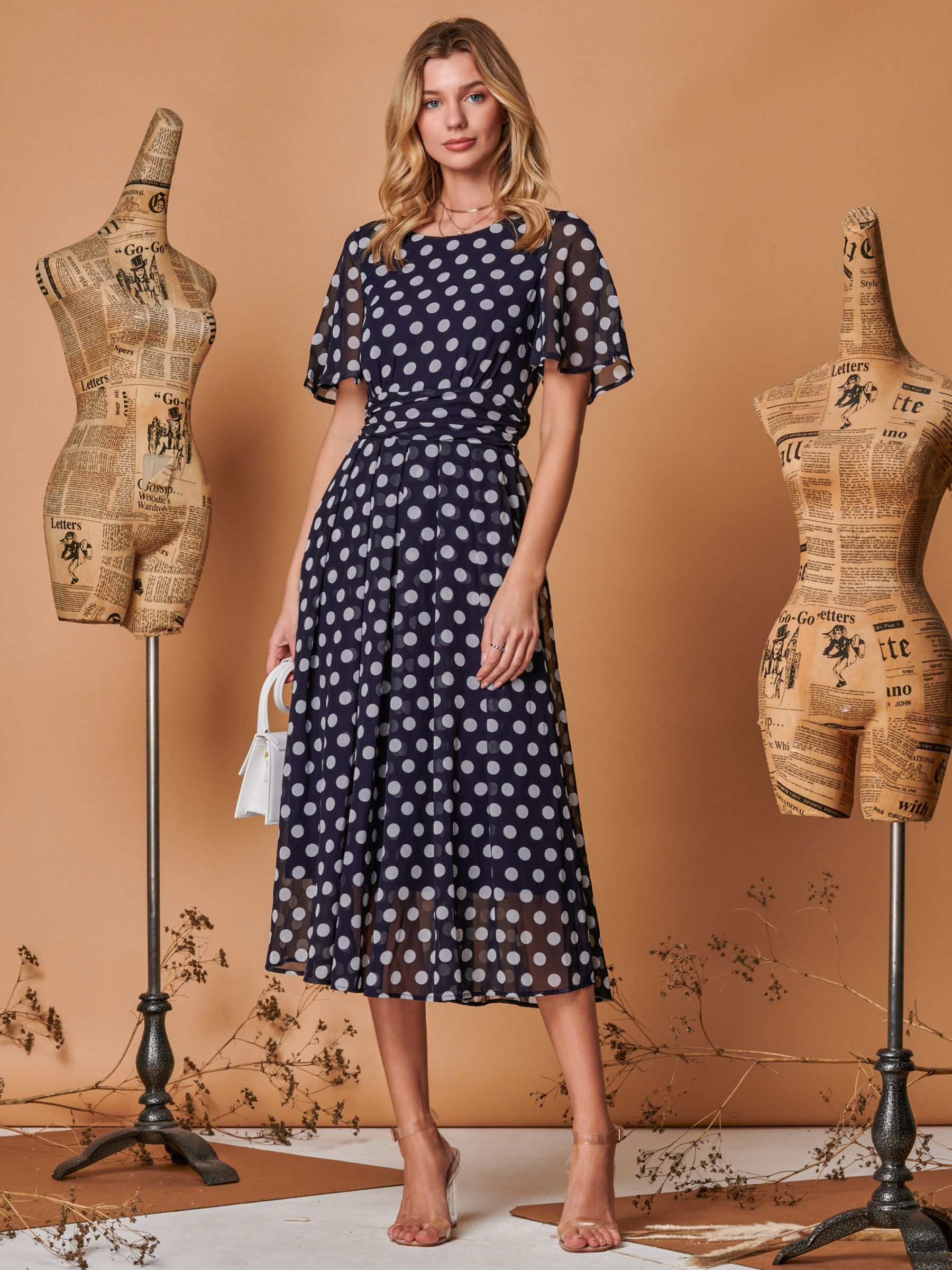 Jolie Moi Spot Print Chiffon Midaxi Dress, Navy Spot, 10