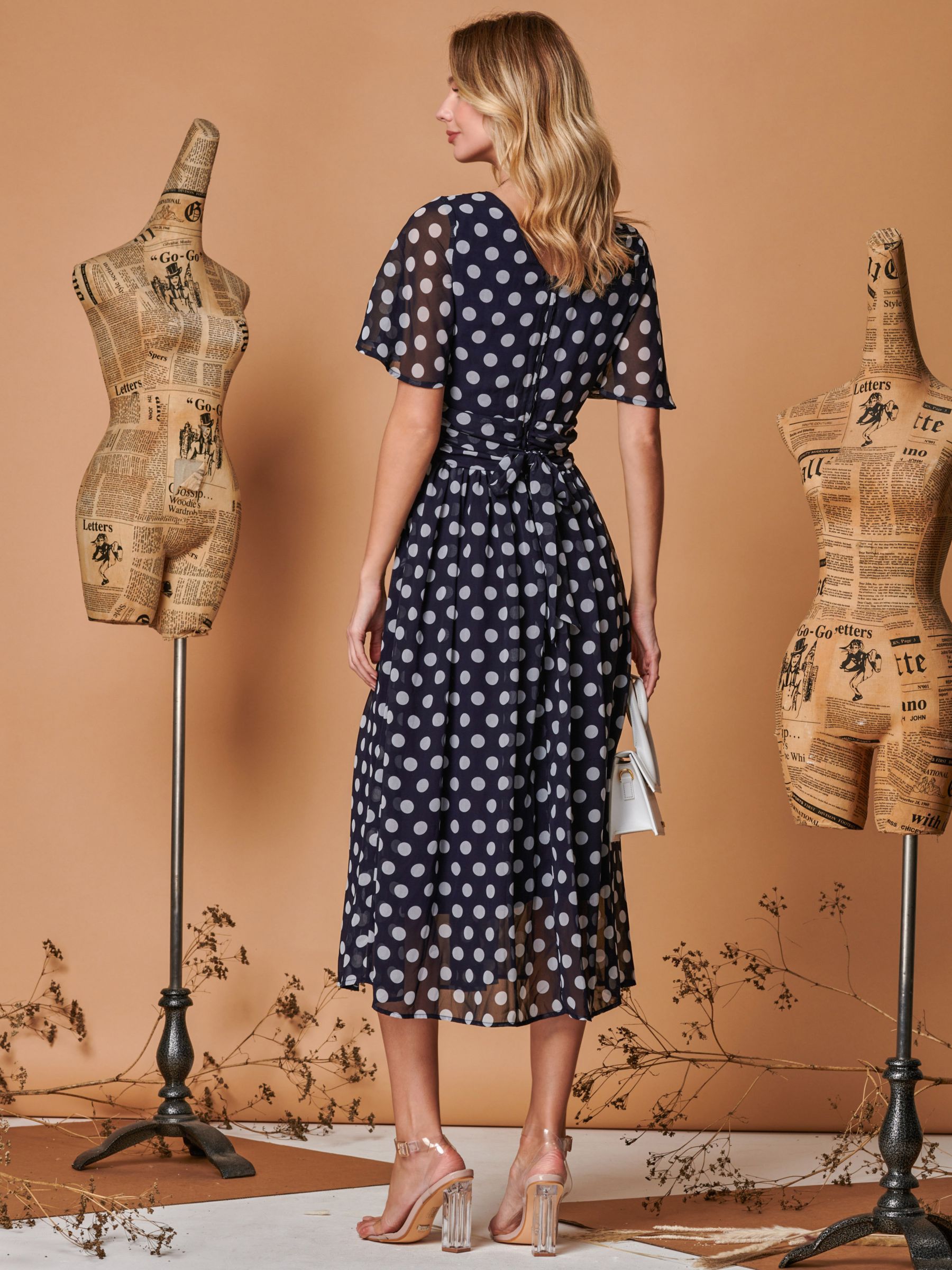 Jolie Moi Spot Print Chiffon Midaxi Dress, Navy Spot, 10