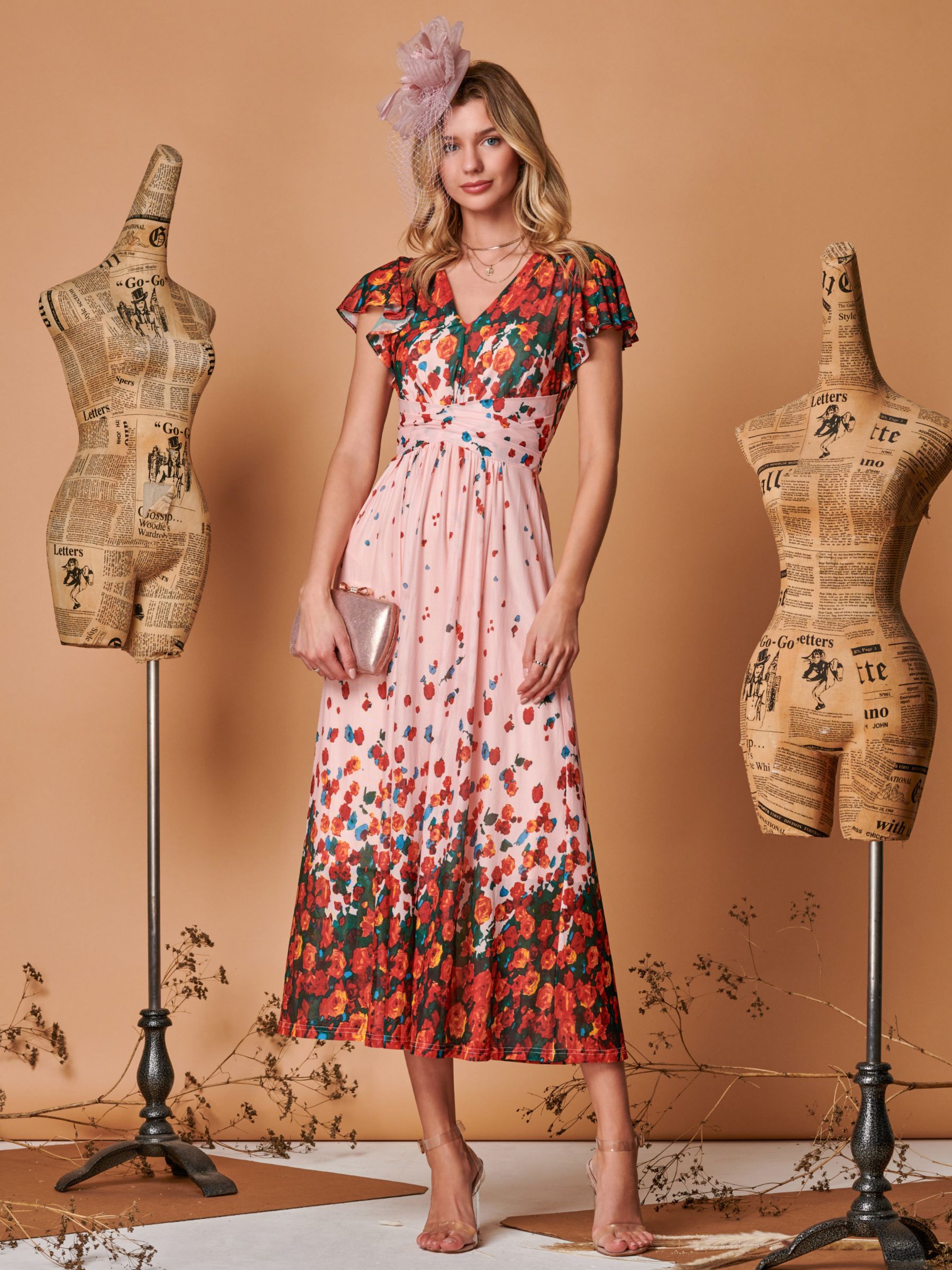 Jolie Moi Floral Print Midi Dress, Coral Pink, 14