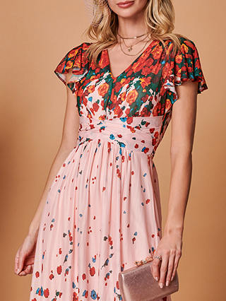 Jolie Moi Floral Print Midi Dress, Coral Pink