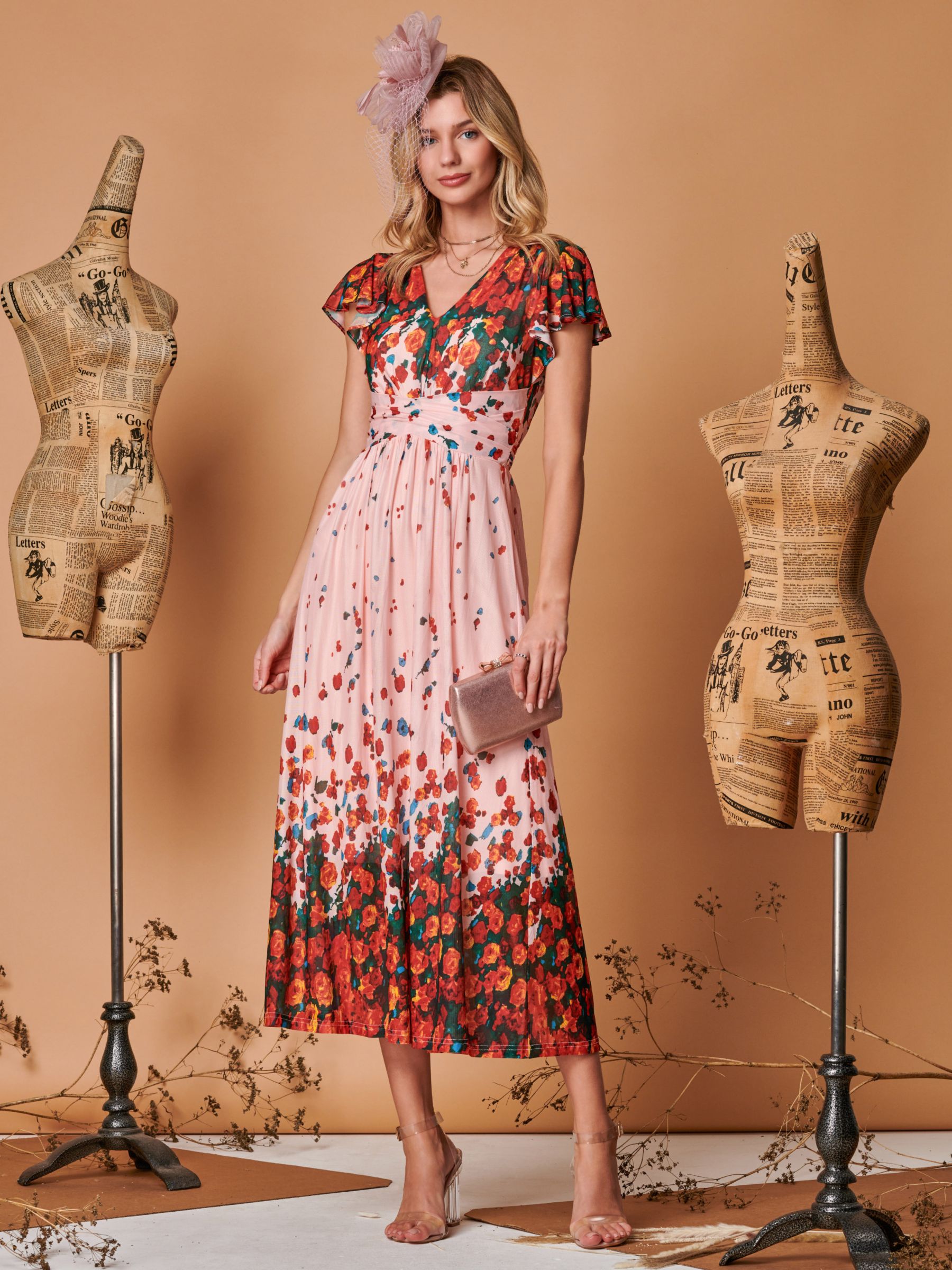 Jolie Moi Floral Print Midi Dress, Coral Pink, 14
