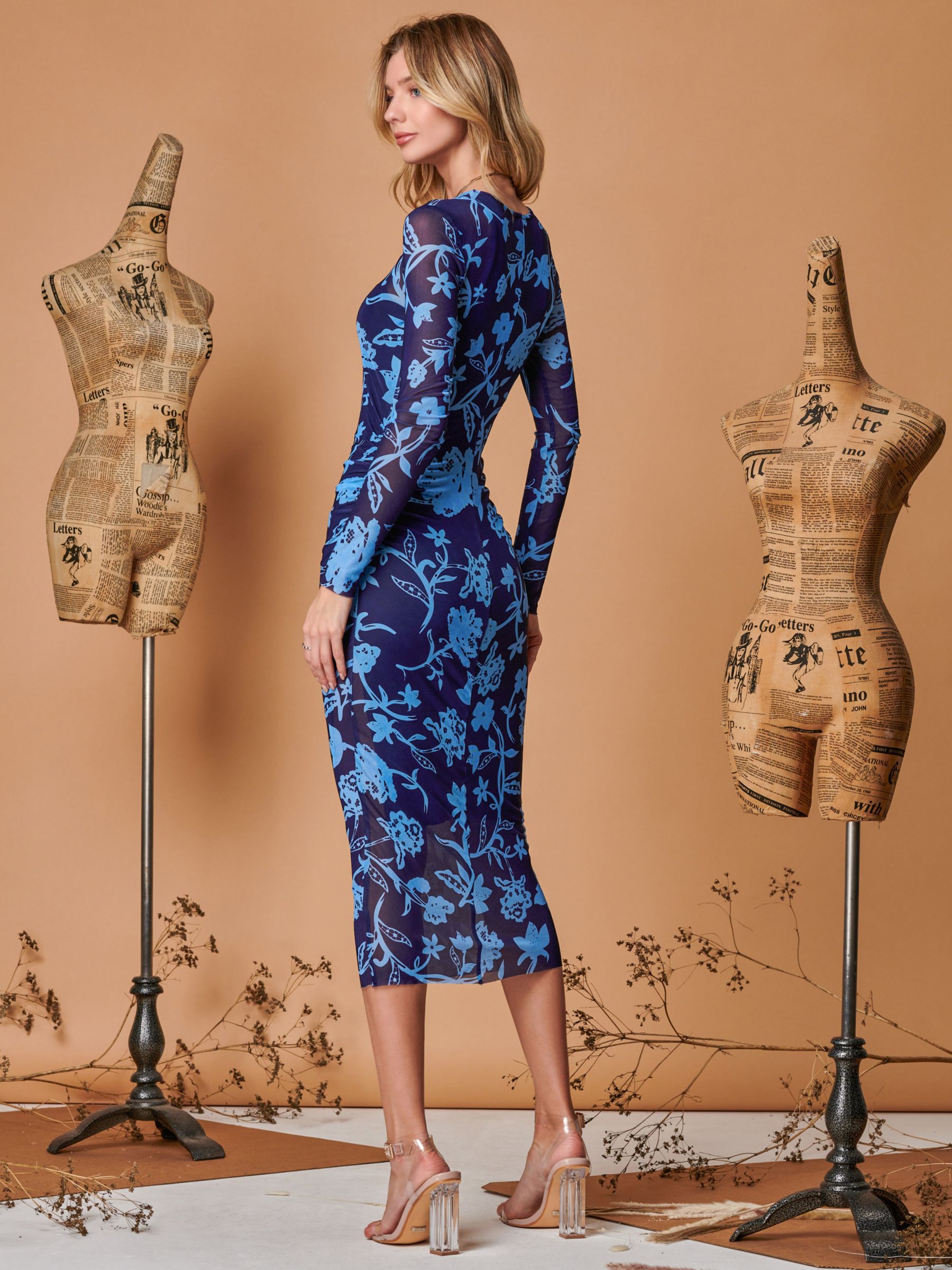 Buy Jolie Moi Floral Print Long Sleeve Midi Dress, Navy Online at johnlewis.com
