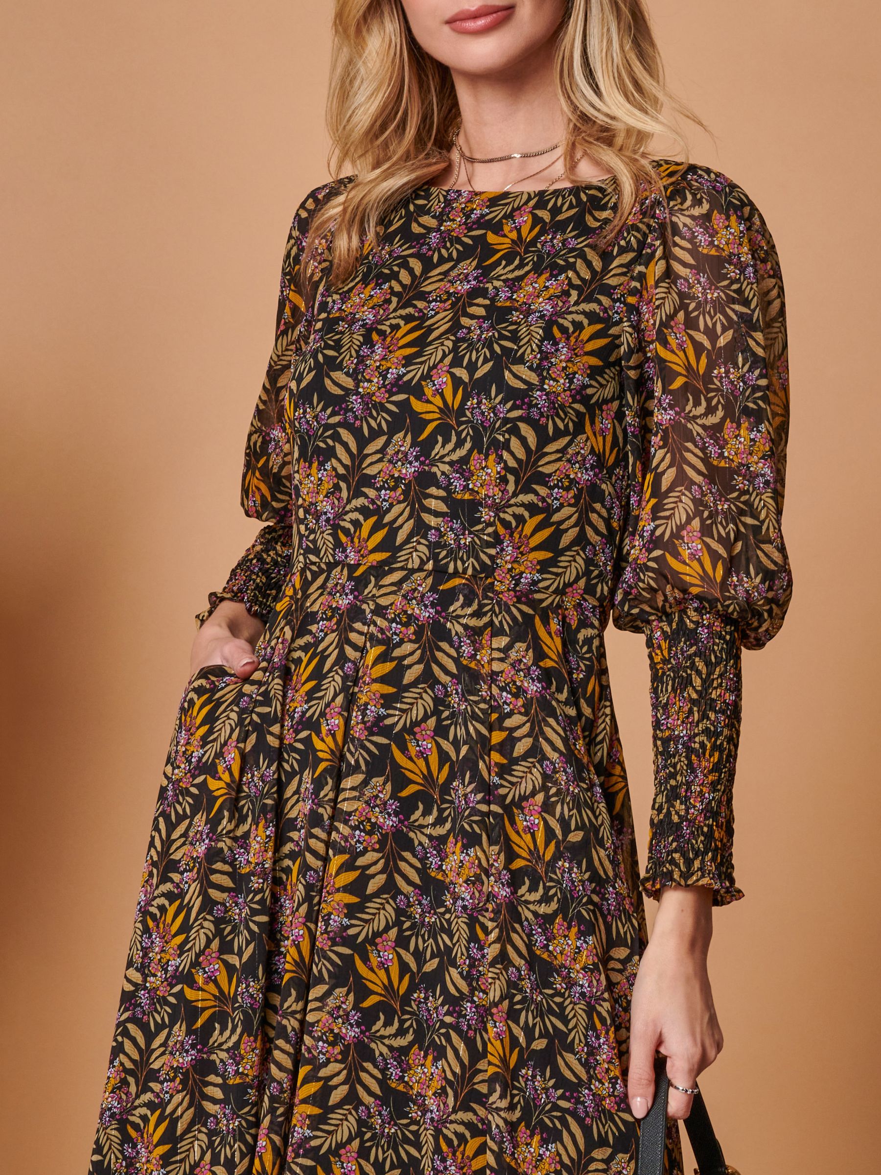 Buy Jolie Moi Leaf Print Chiffon Midi Dress, Black Online at johnlewis.com