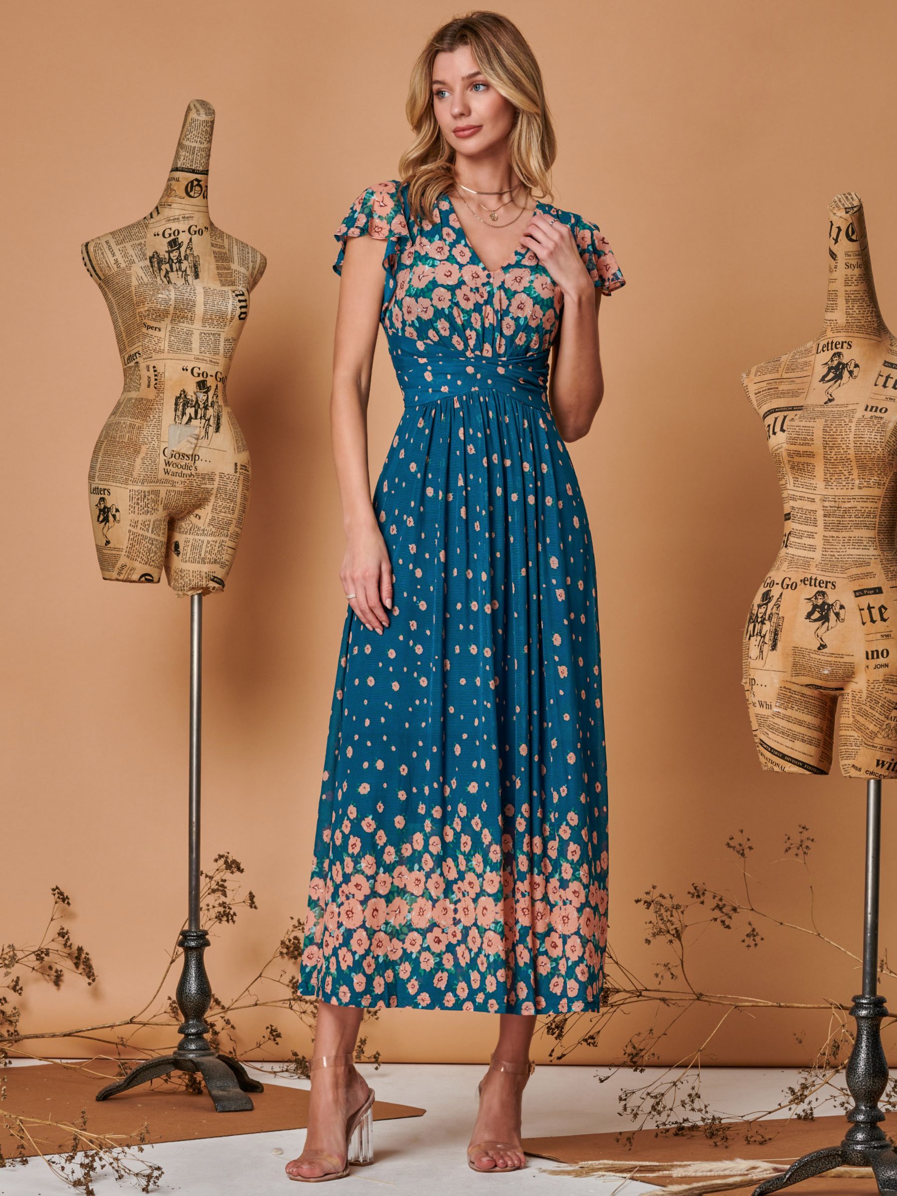 Jolie Moi Carlii Symmetrical Print Angel Sleeve Mesh Maxi Dress, Multi, 16