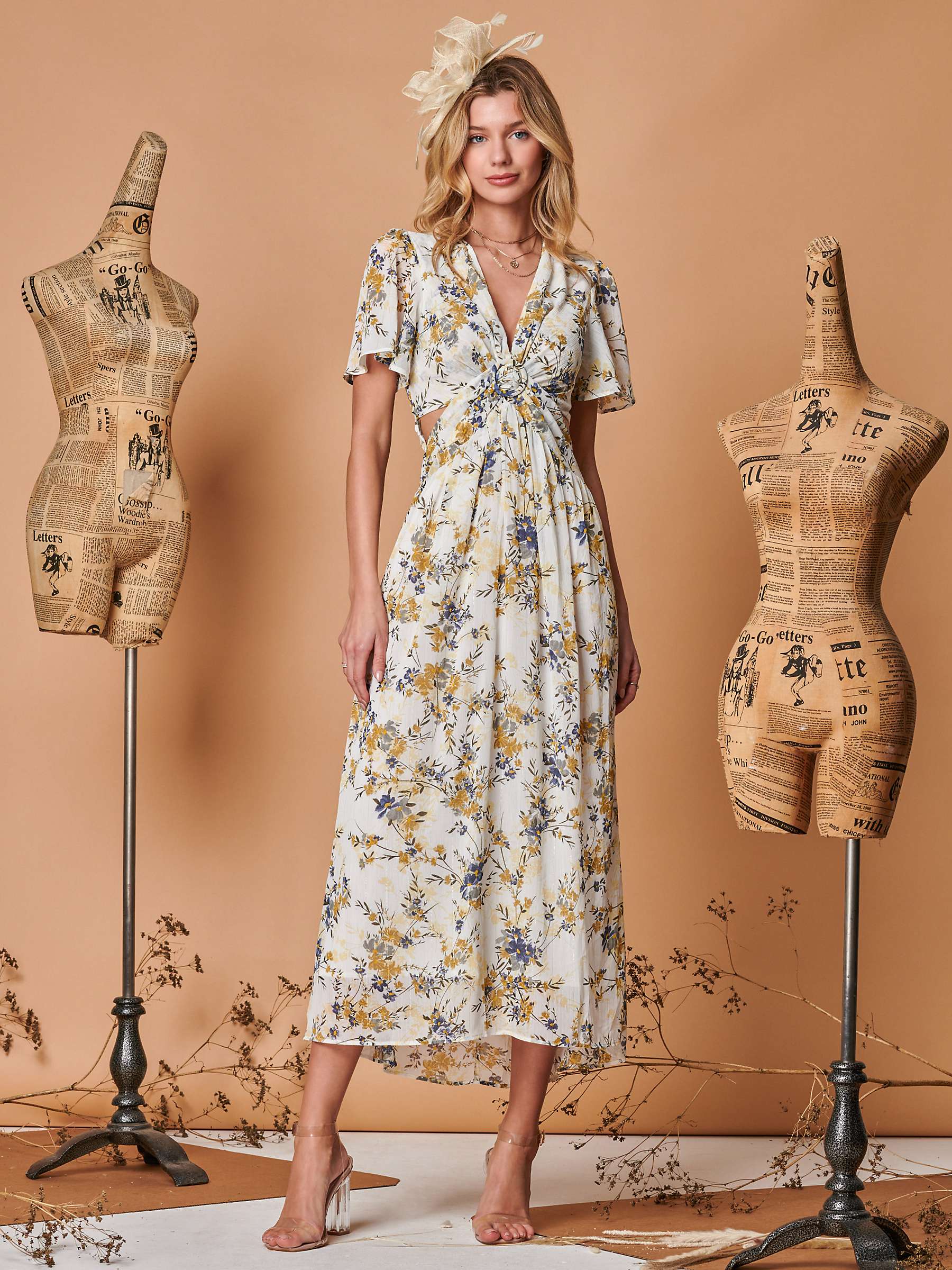 Buy Jolie Moi Plunge Neck Floral Midi Dress, Cream Online at johnlewis.com