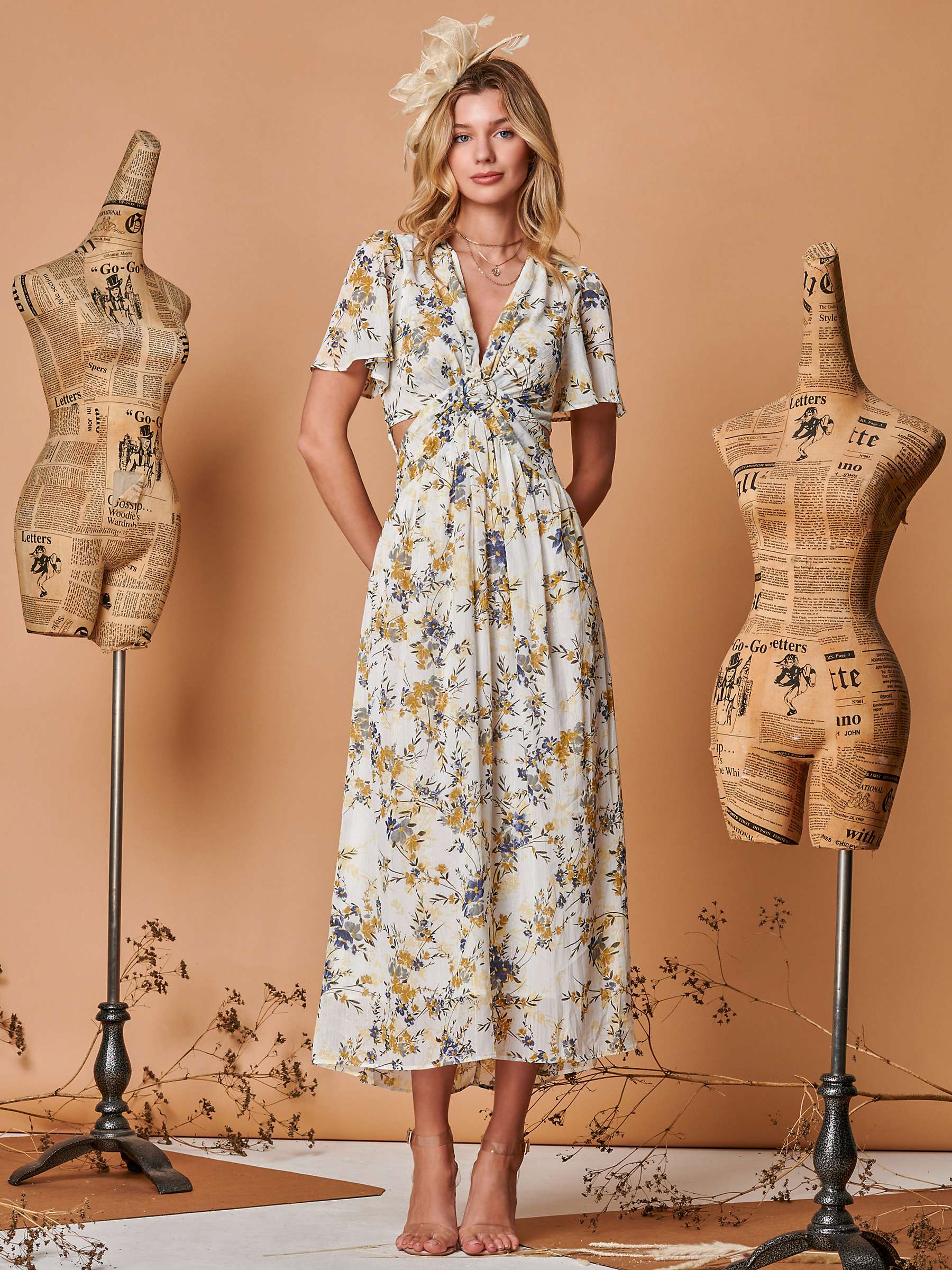 Buy Jolie Moi Plunge Neck Floral Midi Dress, Cream Online at johnlewis.com