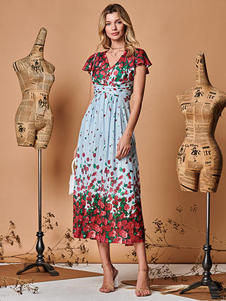Jolie Moi Symmetrical Floral Midi Dress, Blue/Multi
