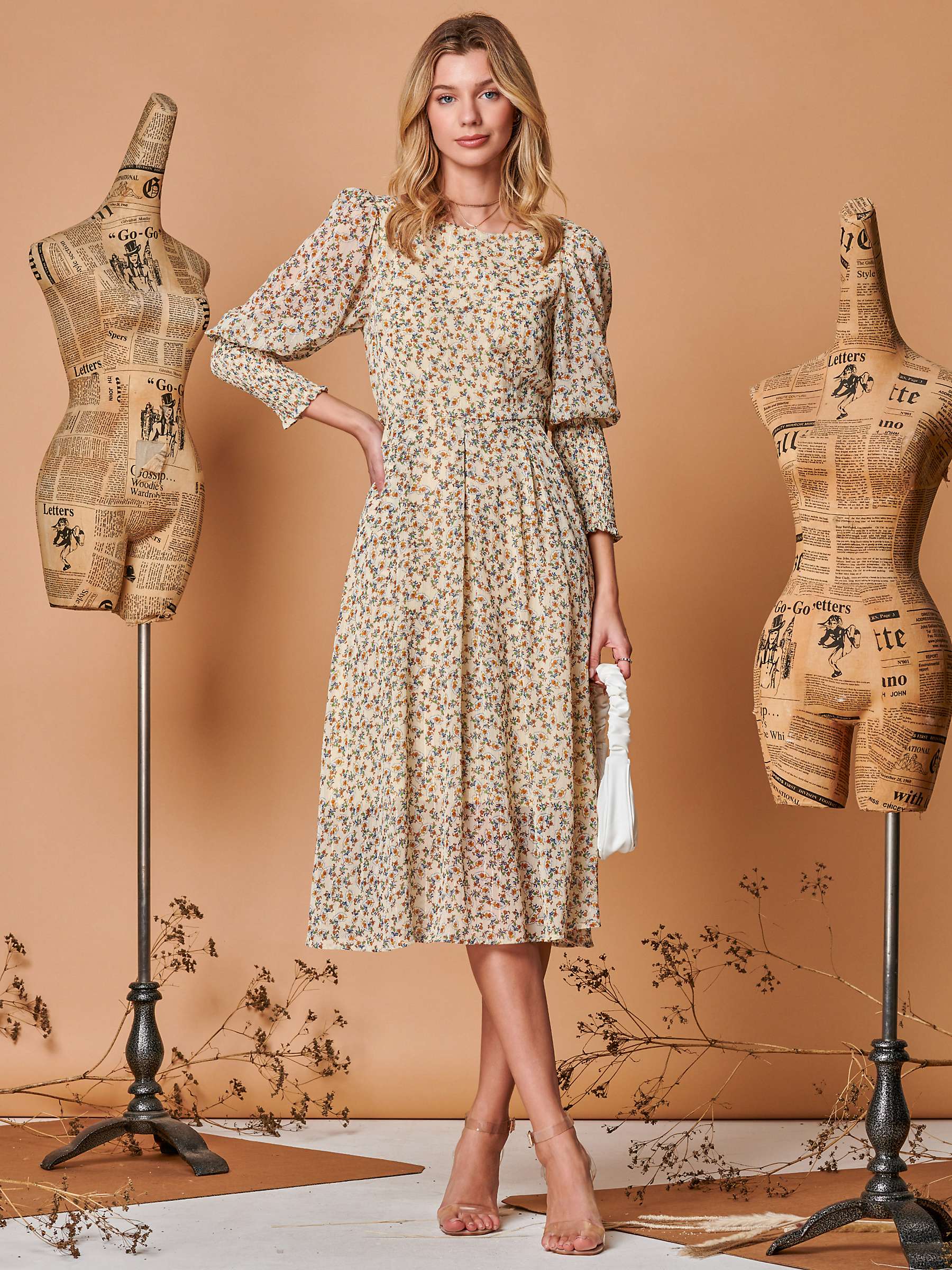 Buy Jolie Moi Floral Print Chiffon Midi Dress, Beige Online at johnlewis.com