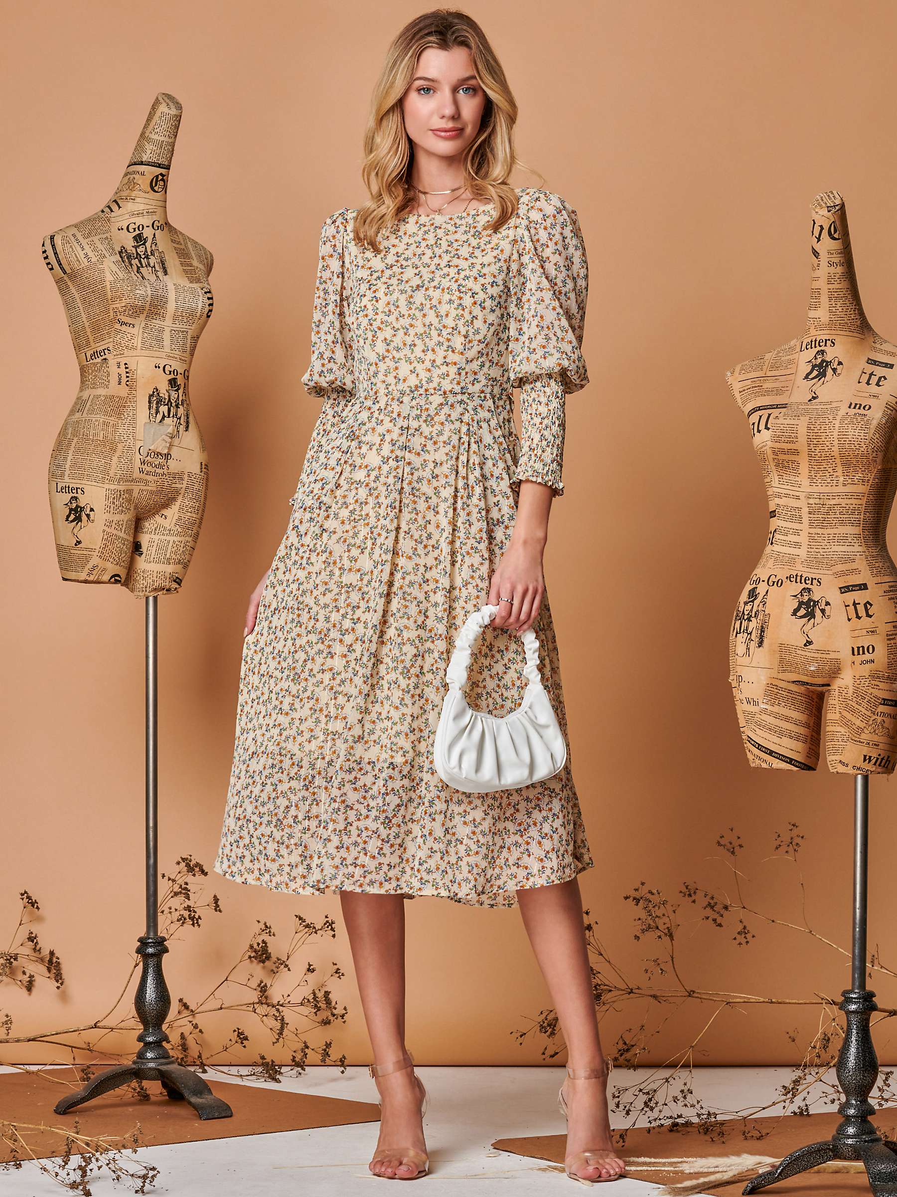 Buy Jolie Moi Floral Print Chiffon Midi Dress, Beige Online at johnlewis.com