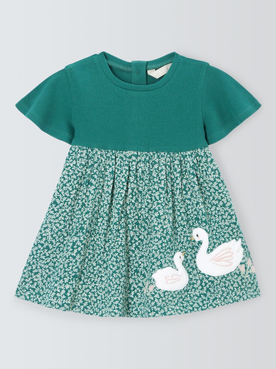 John Lewis Baby Leaf Print Swan Dress, Green/Multi, 0-3 months