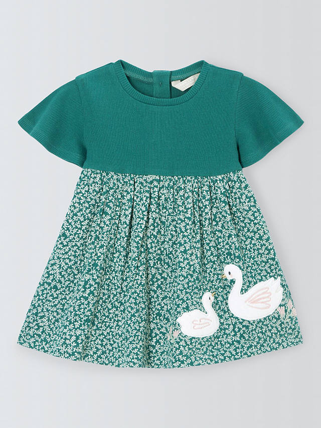 John Lewis Baby Leaf Print Swan Dress, Green/Multi
