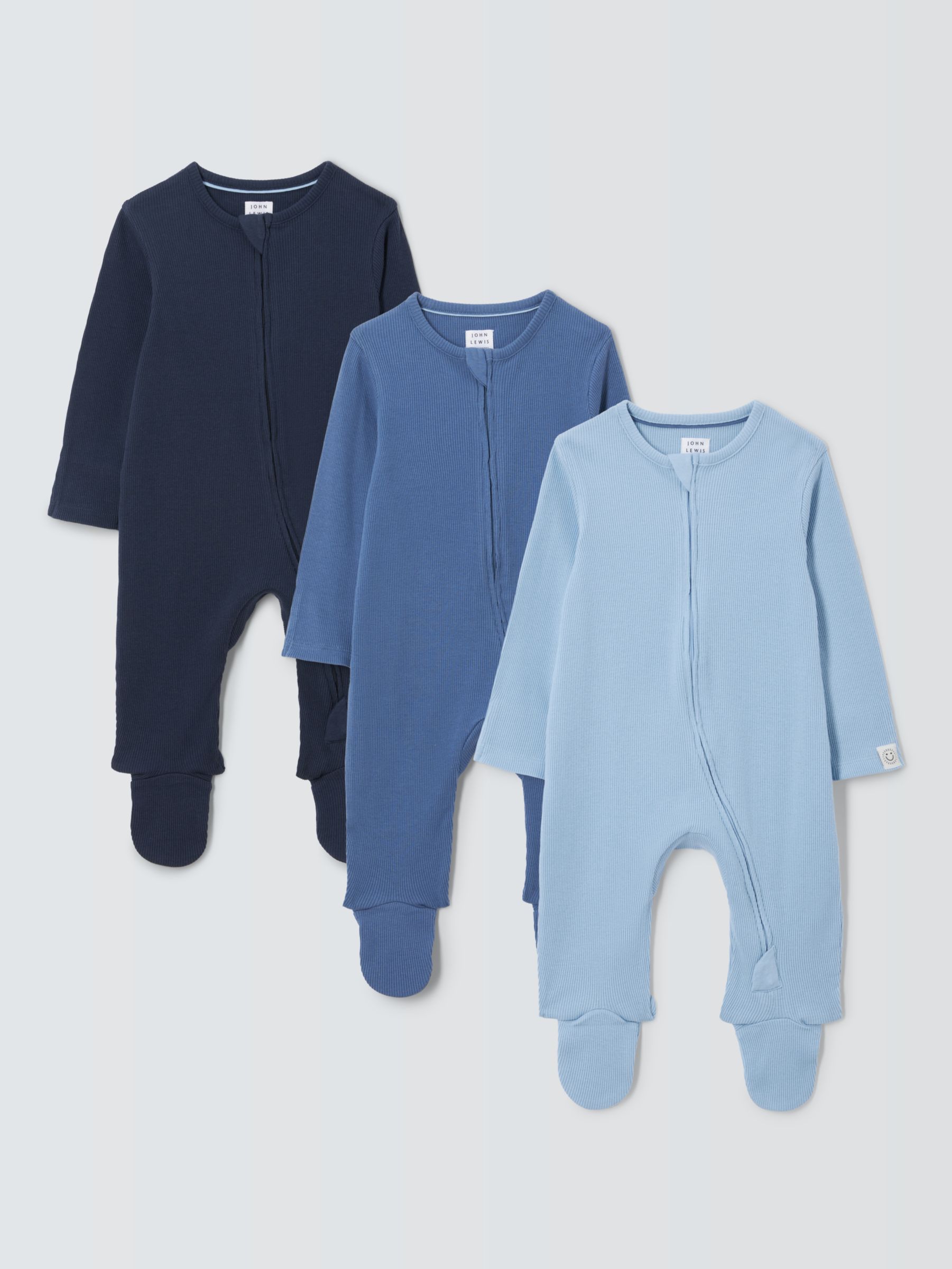 John Lewis Baby Two Way Zip Ribbed Cotton Sleepsuit, Pack of 3, Blue/Multi, 9-12 months